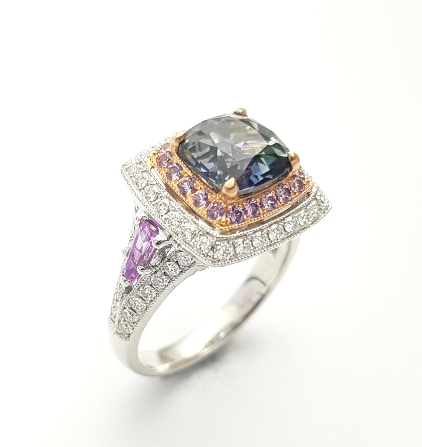 Unheated Tanzanite, Purple Sapphire and Diamond Ring set in 18K White Gold For Sale 2