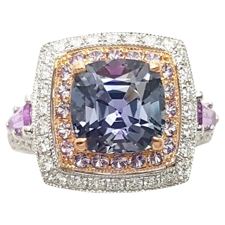 Unheated Tanzanite, Purple Sapphire and Diamond Ring set in 18K White Gold For Sale