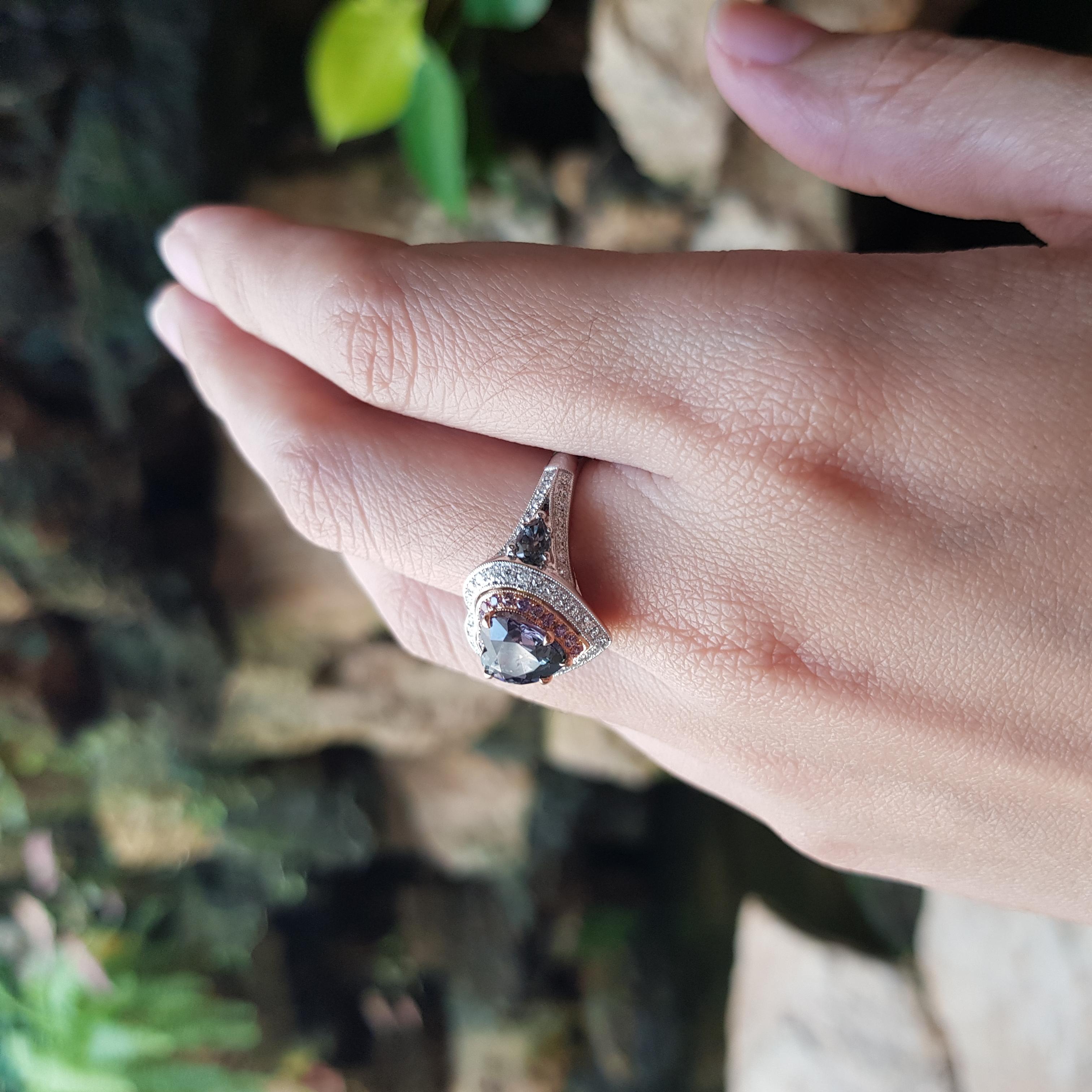Heart Cut Unheated Tanzanite, Purple Sapphire, Green Sapphire, Diamond Ring 18K White Gold For Sale