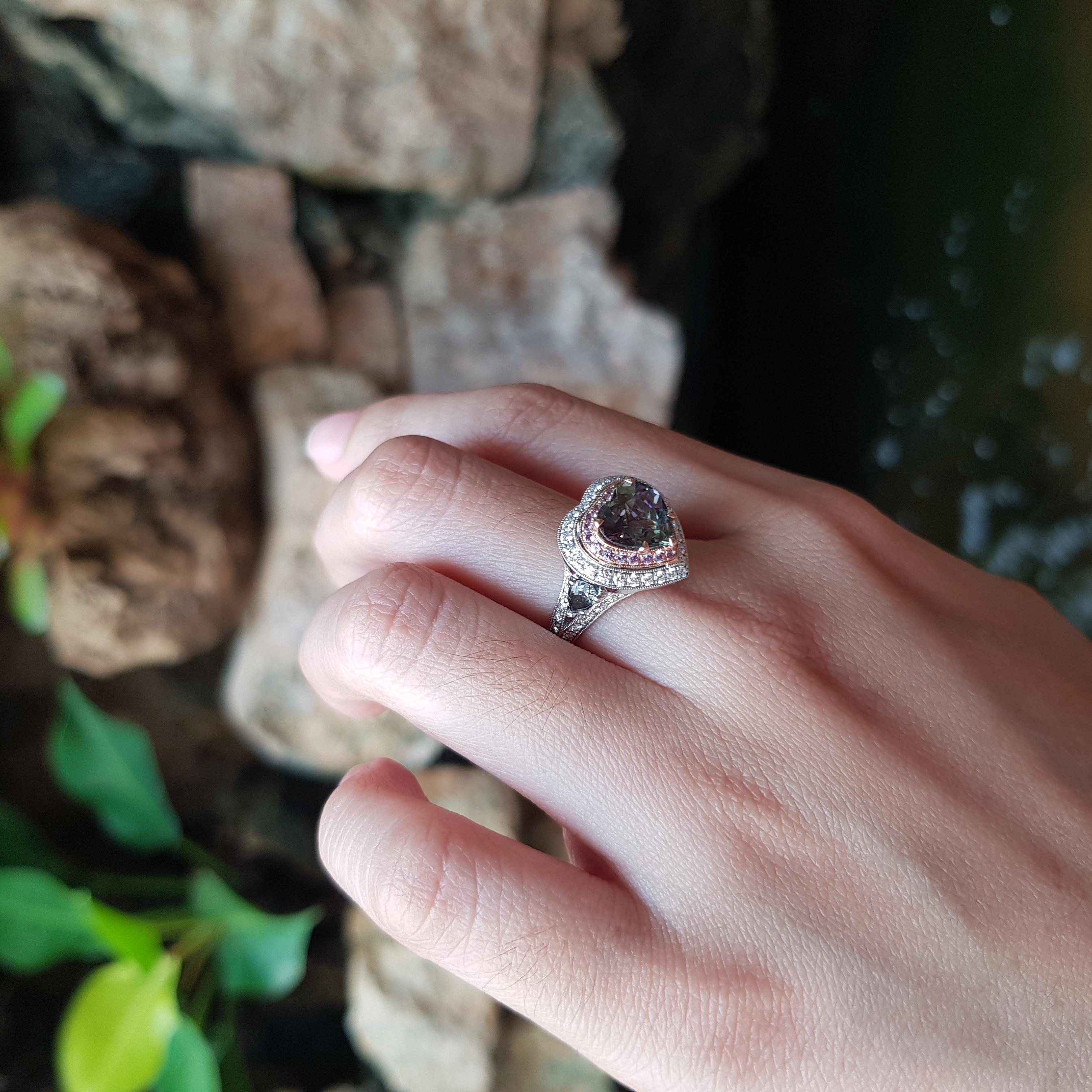 Unheated Tanzanite, Purple Sapphire, Green Sapphire, Diamond Ring 18K White Gold In New Condition For Sale In Bangkok, TH