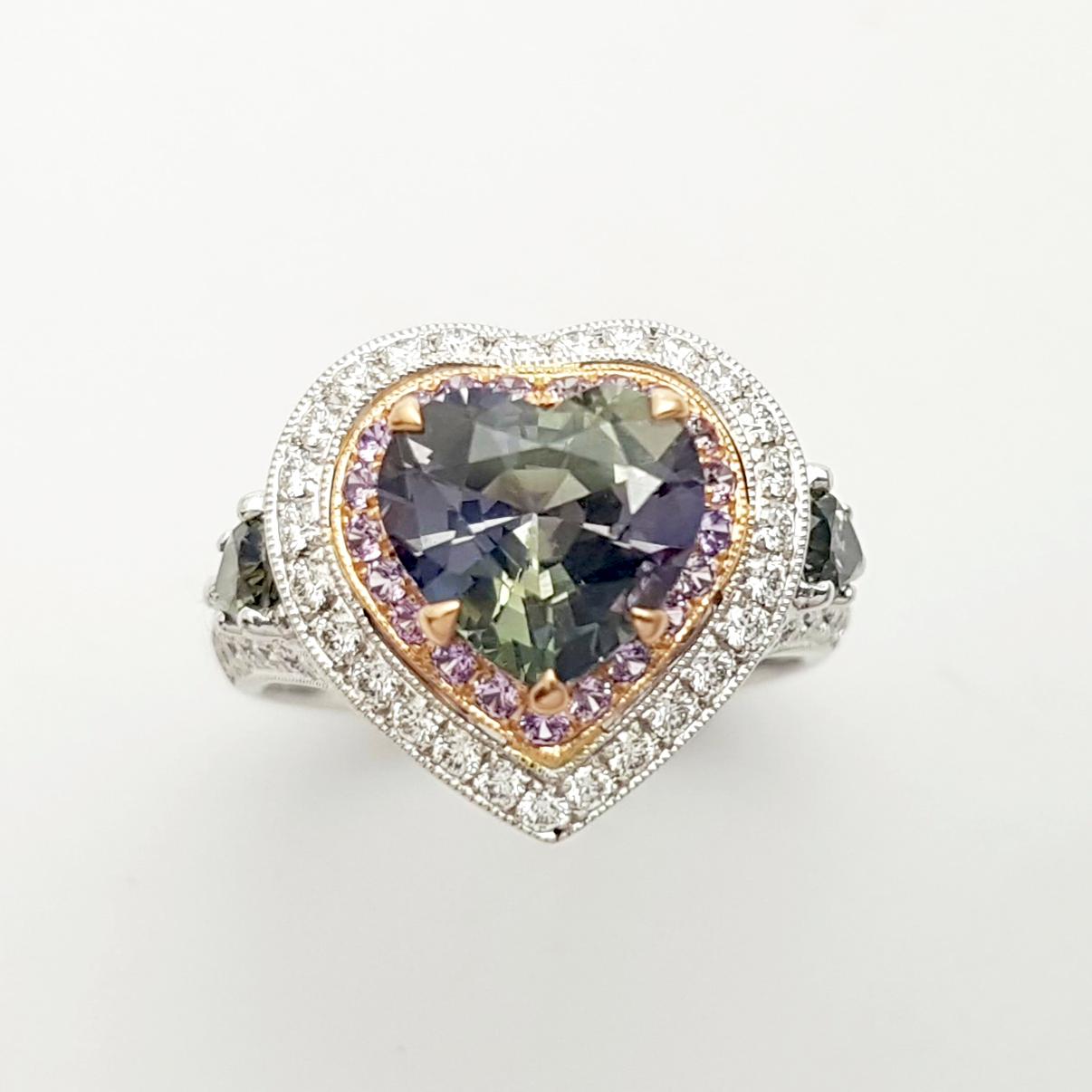 Unheated Tanzanite, Purple Sapphire, Green Sapphire, Diamond Ring 18K White Gold For Sale 2