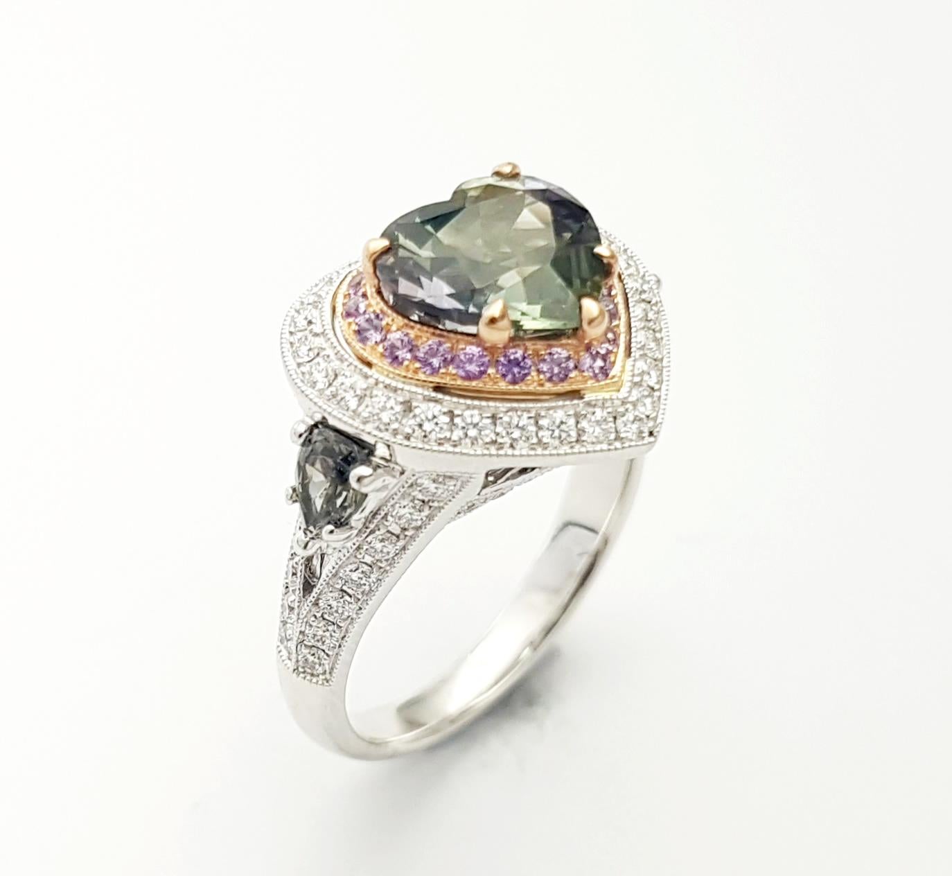 Unheated Tanzanite, Purple Sapphire, Green Sapphire, Diamond Ring 18K White Gold For Sale 3