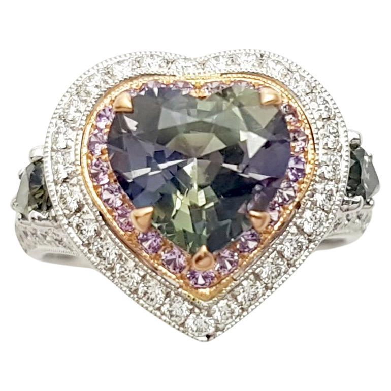 Unheated Tanzanite, Purple Sapphire, Green Sapphire, Diamond Ring 18K White Gold