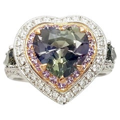 Unheated Tanzanite, Purple Sapphire, Green Sapphire, Diamond Ring 18K White Gold