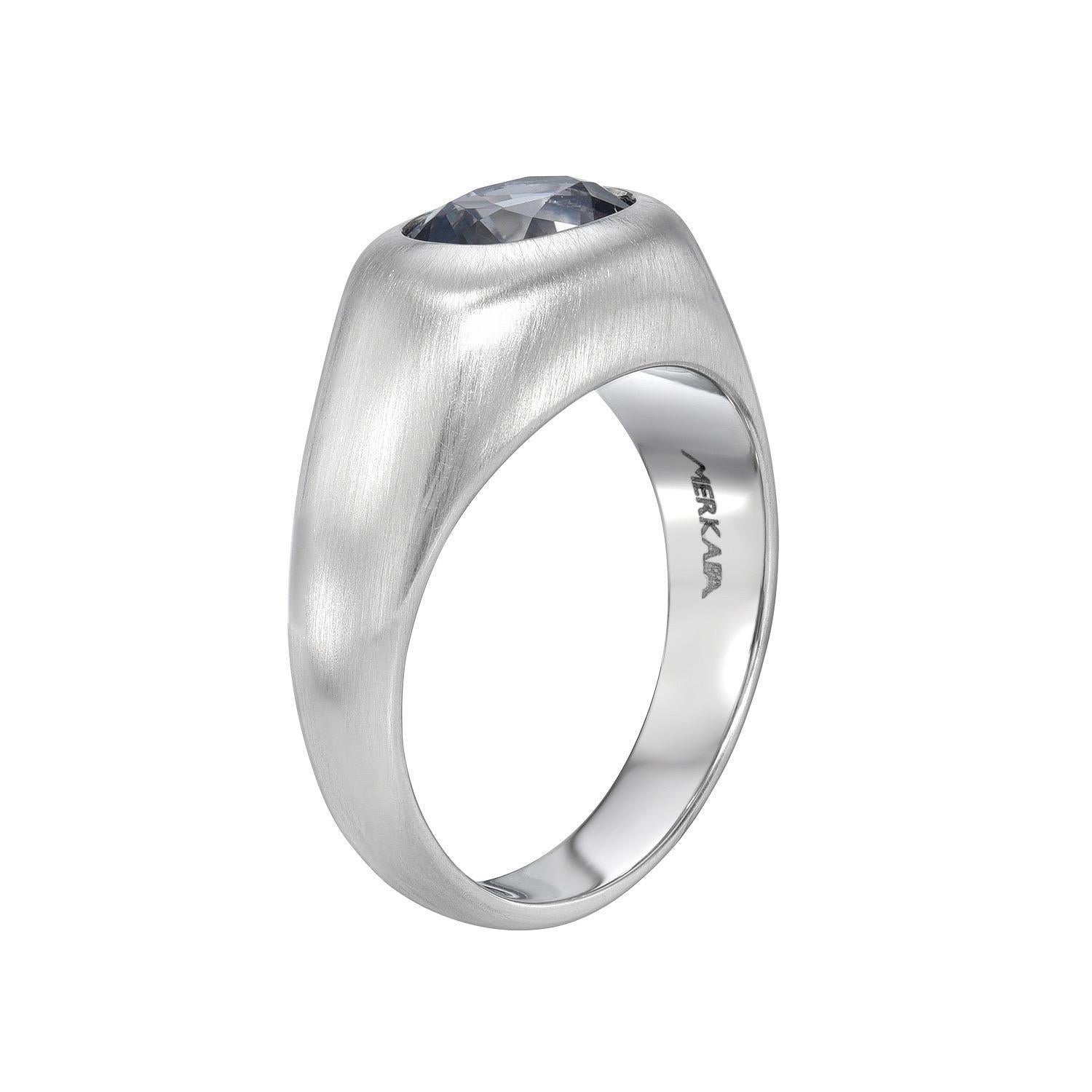 Unisex platinum ring set with a remarkable 3.41 carat unheated light violet fancy Sapphire cushion. Matte finish.
Ring size 8.25. Resizing is complementary upon request.
The C. Dunaigre gem certificate is attached to the image selection for your