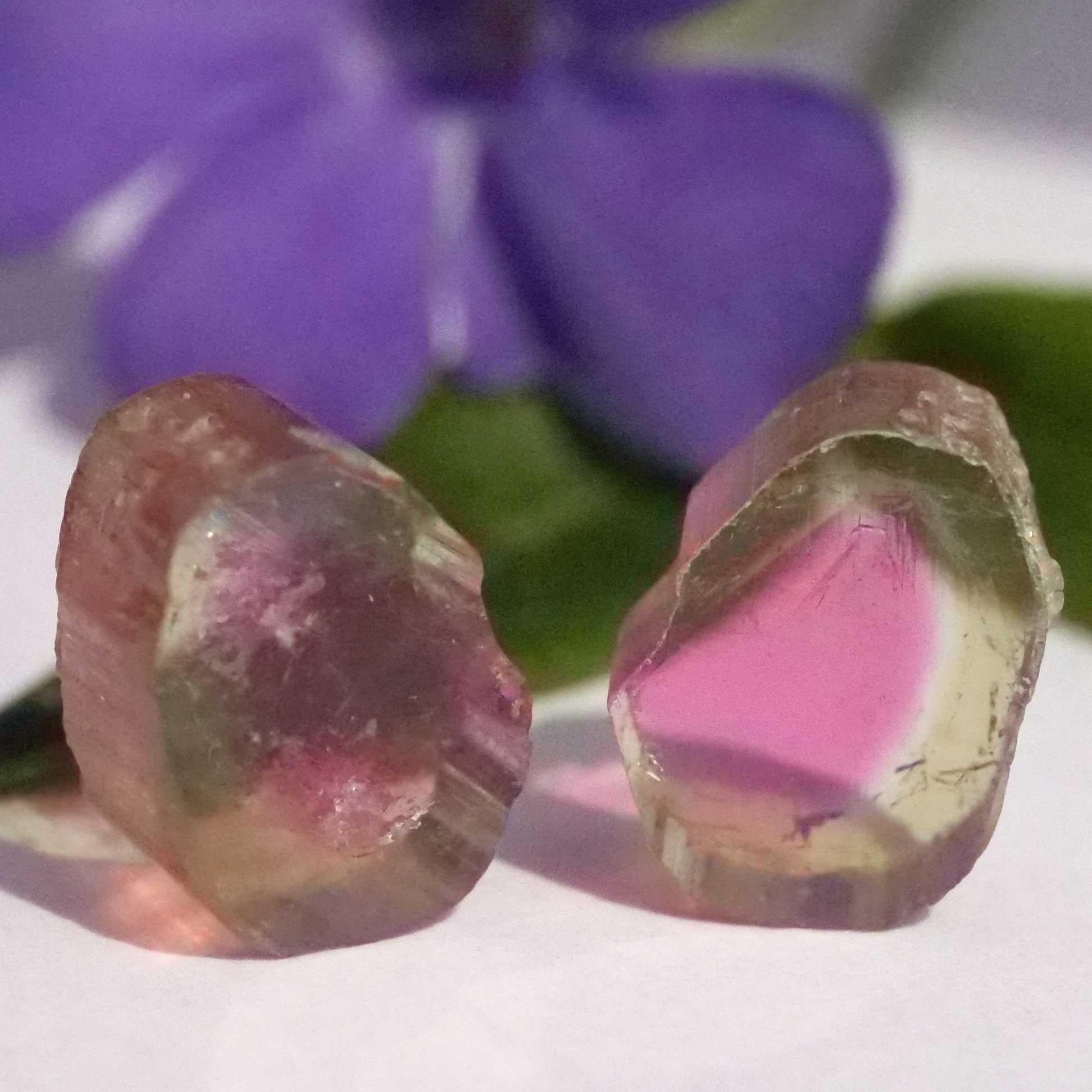 bright pink green untreated watermelon tourmaline slices from Afghanistan as a pair totaling approx. 6.50 ct, 9 x 7 x 4 mm and 9 x 7 x 4.4 mm, untreated, AAA+, cut smoothly with clear edges (not cracked), transparent with natural . Growth