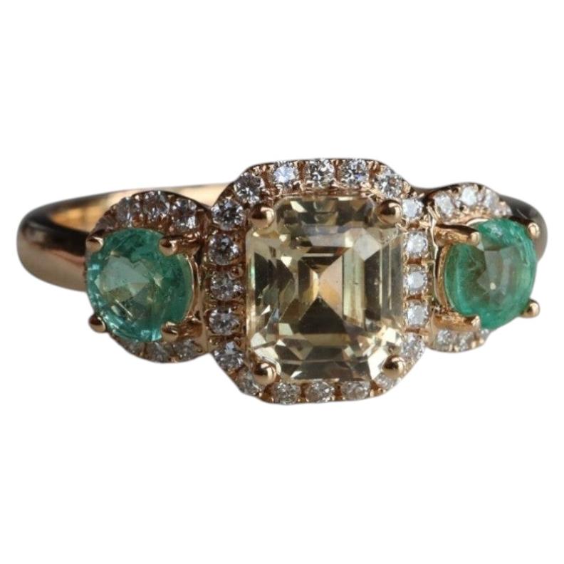 Unheated yellow Sapphire and Emerald with Natural Diamonds Ring