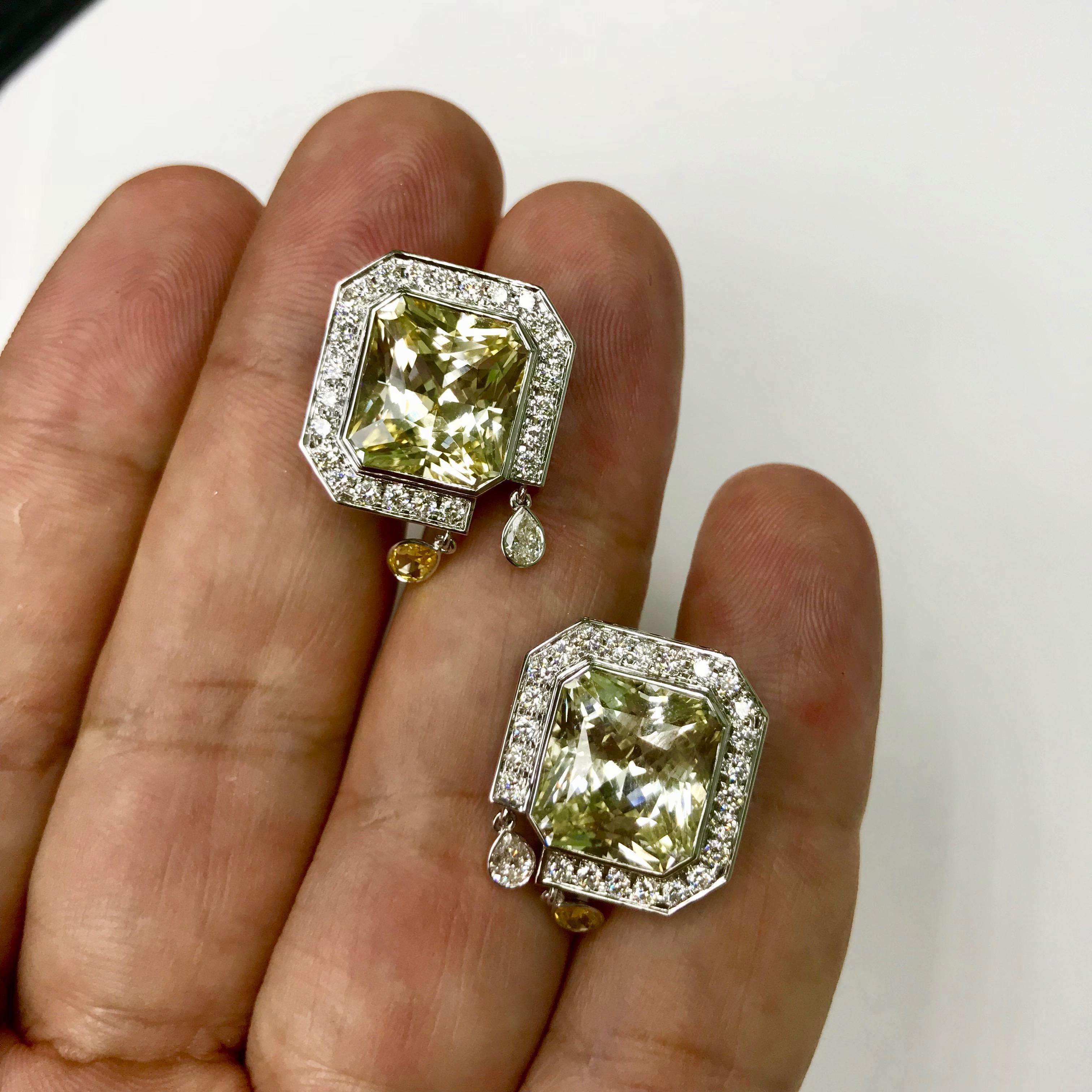 Unheated Yellow Sapphire Diamonds 18 Karat White Gold Art Deco Style Earrings In New Condition For Sale In Bangkok, TH