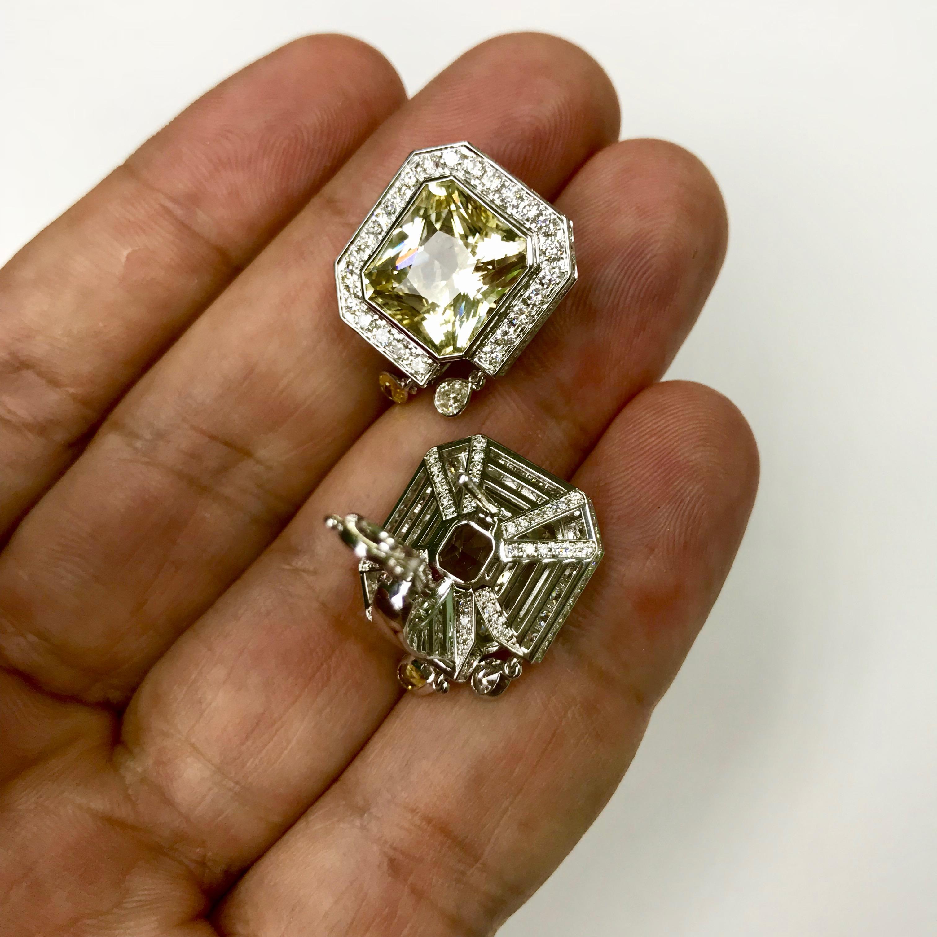 Unheated Yellow Sapphire Diamonds 18 Karat White Gold Art Deco Style Earrings For Sale 2