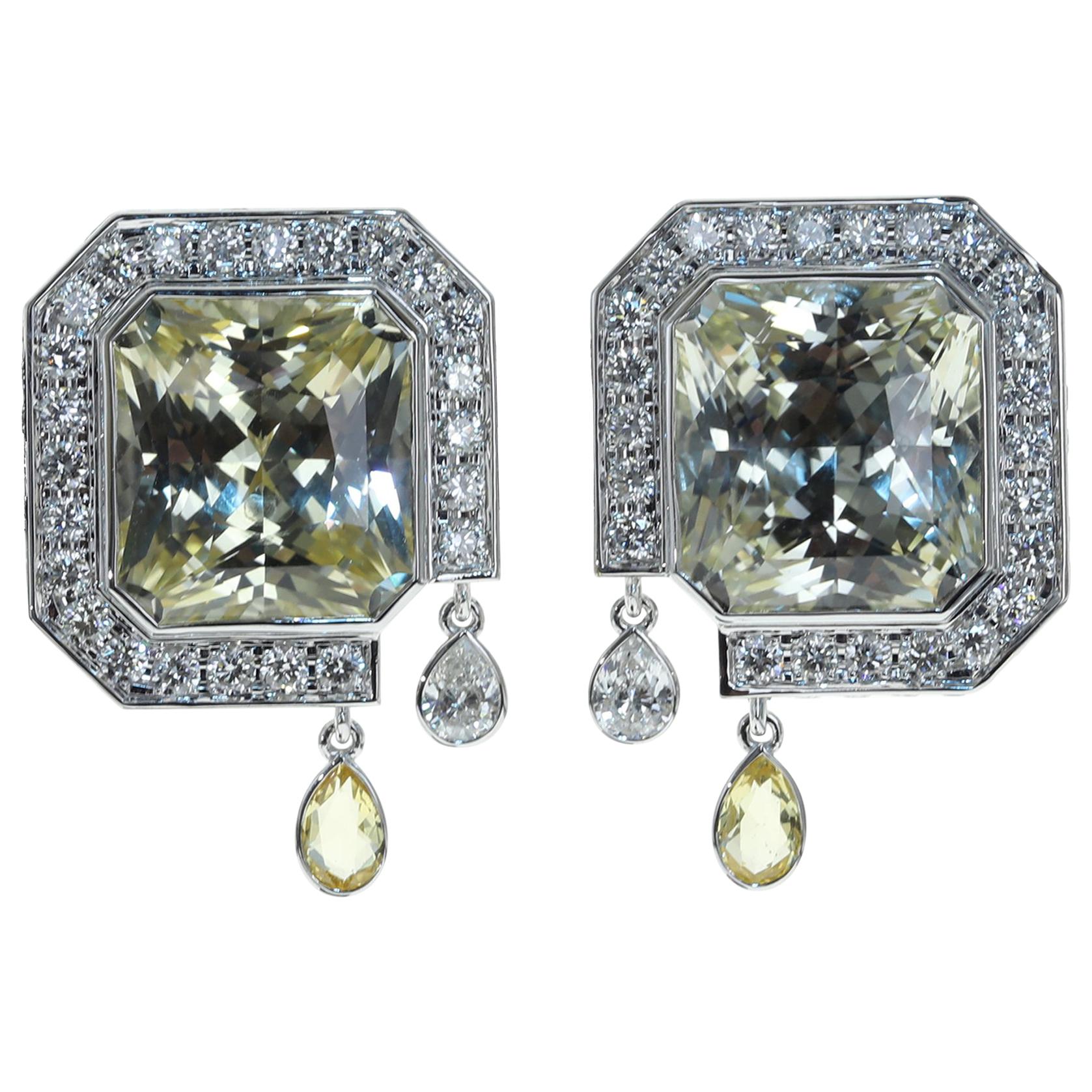 Unheated Yellow Sapphire Diamonds 18 Karat White Gold Art Deco Style Earrings For Sale
