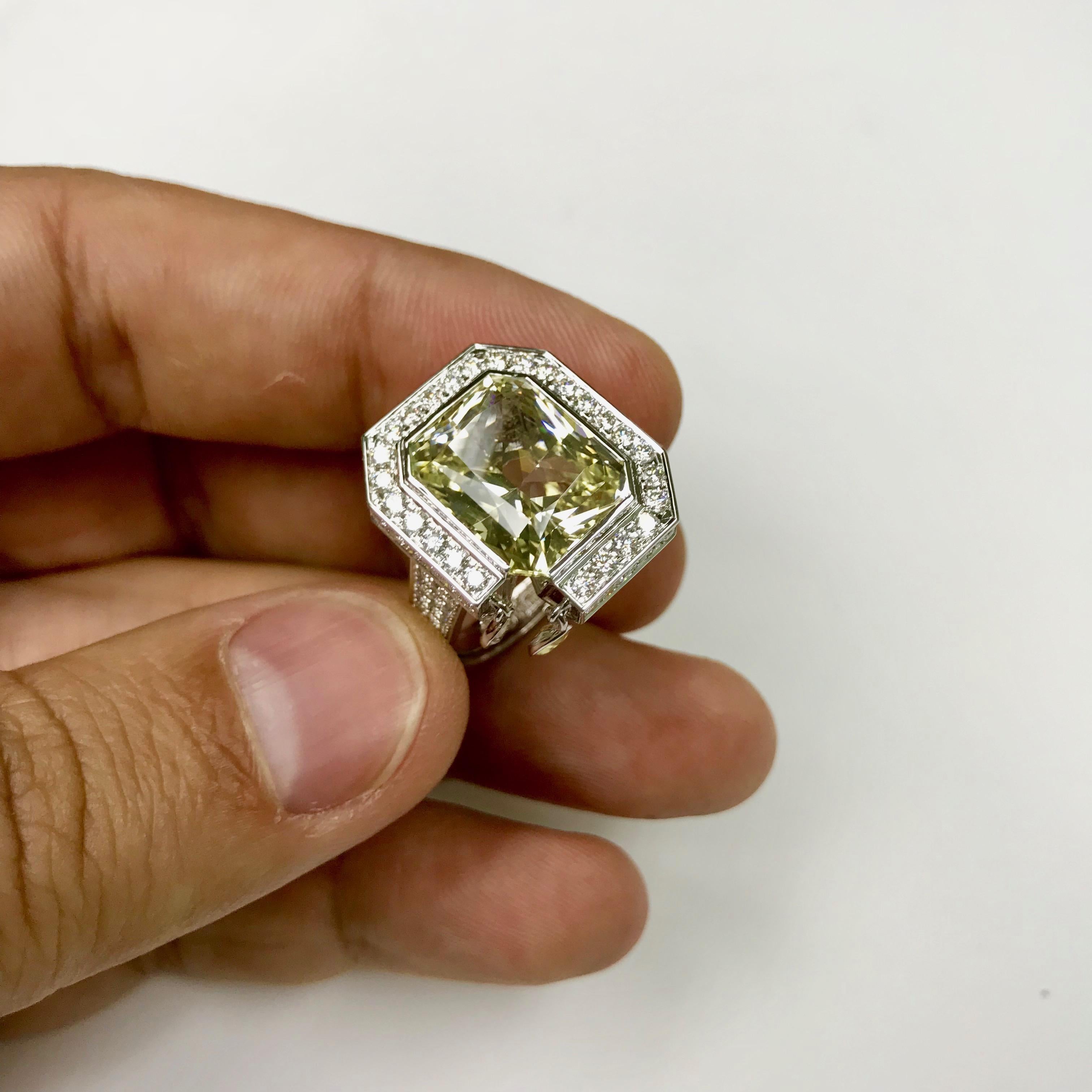 Emerald Cut Unheated Yellow Sapphire Diamonds 18 Karat White Gold Art Deco Style Ring For Sale