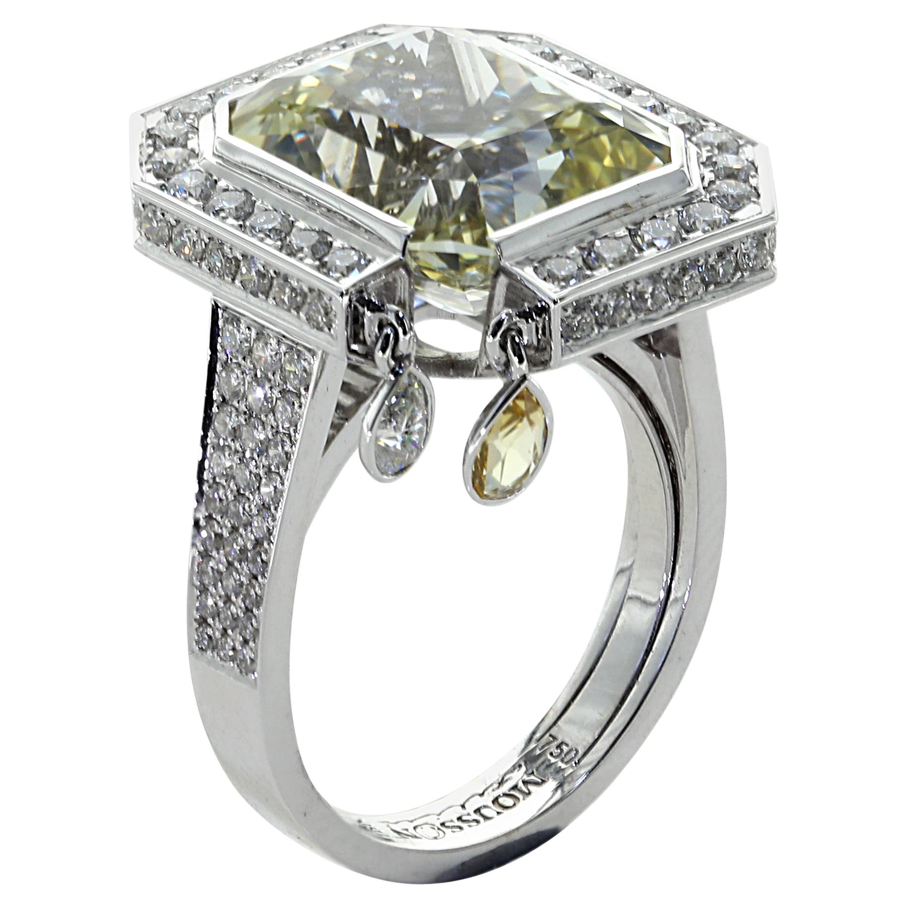 Unheated Yellow Sapphire Diamonds 18 Karat White Gold Art Deco Style Ring For Sale