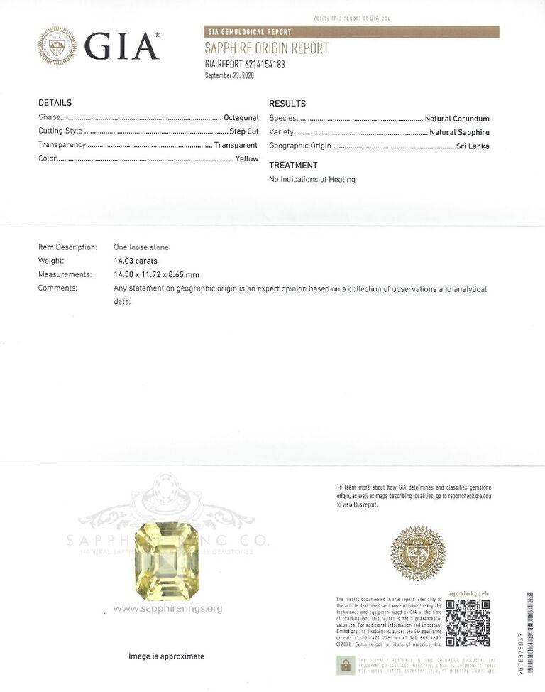 New platinum & 18kt yellow gold Ceylon sapphire ring containing an unheated Asscher cut natural yellow sapphire measuring 14.50 x 11.72 x 8.65 mm weighing 14.03 carat.  Type II. Medium-light, moderately strong, yellow color GIA Y 4/4.  
Set with 2