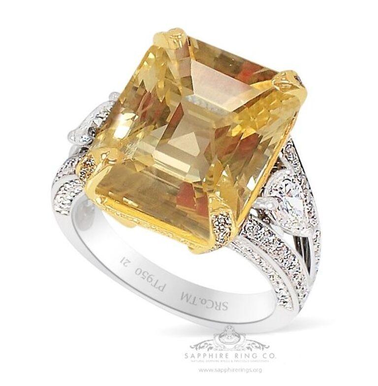 Unheated Yellow Sapphire Ring, 14.03ct Asscher Cut GIA Certified Origin In New Condition For Sale In Tampa, FL
