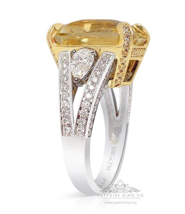 Women's or Men's Unheated Yellow Sapphire Ring, 14.03ct Asscher Cut GIA Certified Origin For Sale