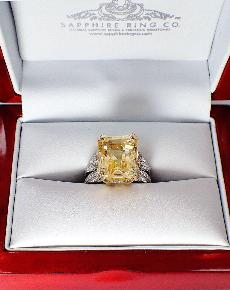 Unheated Yellow Sapphire Ring, 14.03ct Asscher Cut GIA Certified Origin For Sale 3