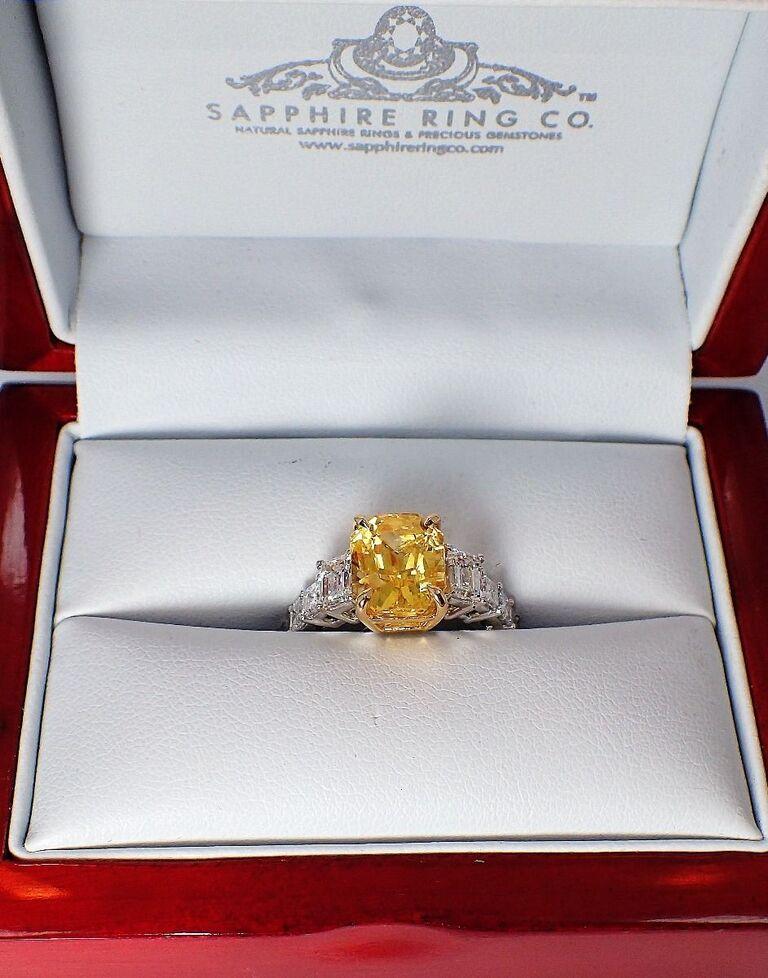 Unheated Yellow Sapphire Ring, 5.47 Carat Platinum 950 GIA Certified For Sale 4