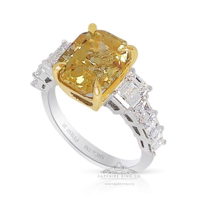 Princess Cut Unheated Yellow Sapphire Ring, 5.47 Carat Platinum 950 GIA Certified For Sale