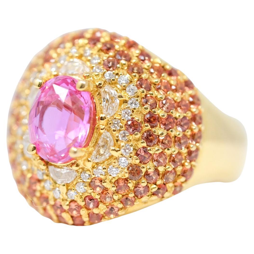 Unheateded 2 Carat Bright Pink Sapphire Bombe Ring in 18 Ct Gold For Sale