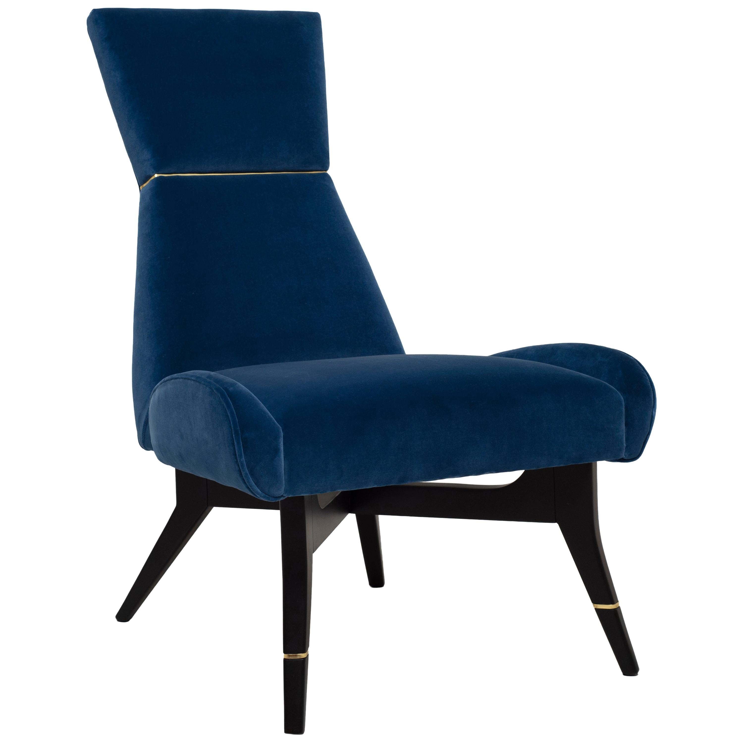 Uni Blue Armchair with Gilt Details on the Backrest and Legs For Sale