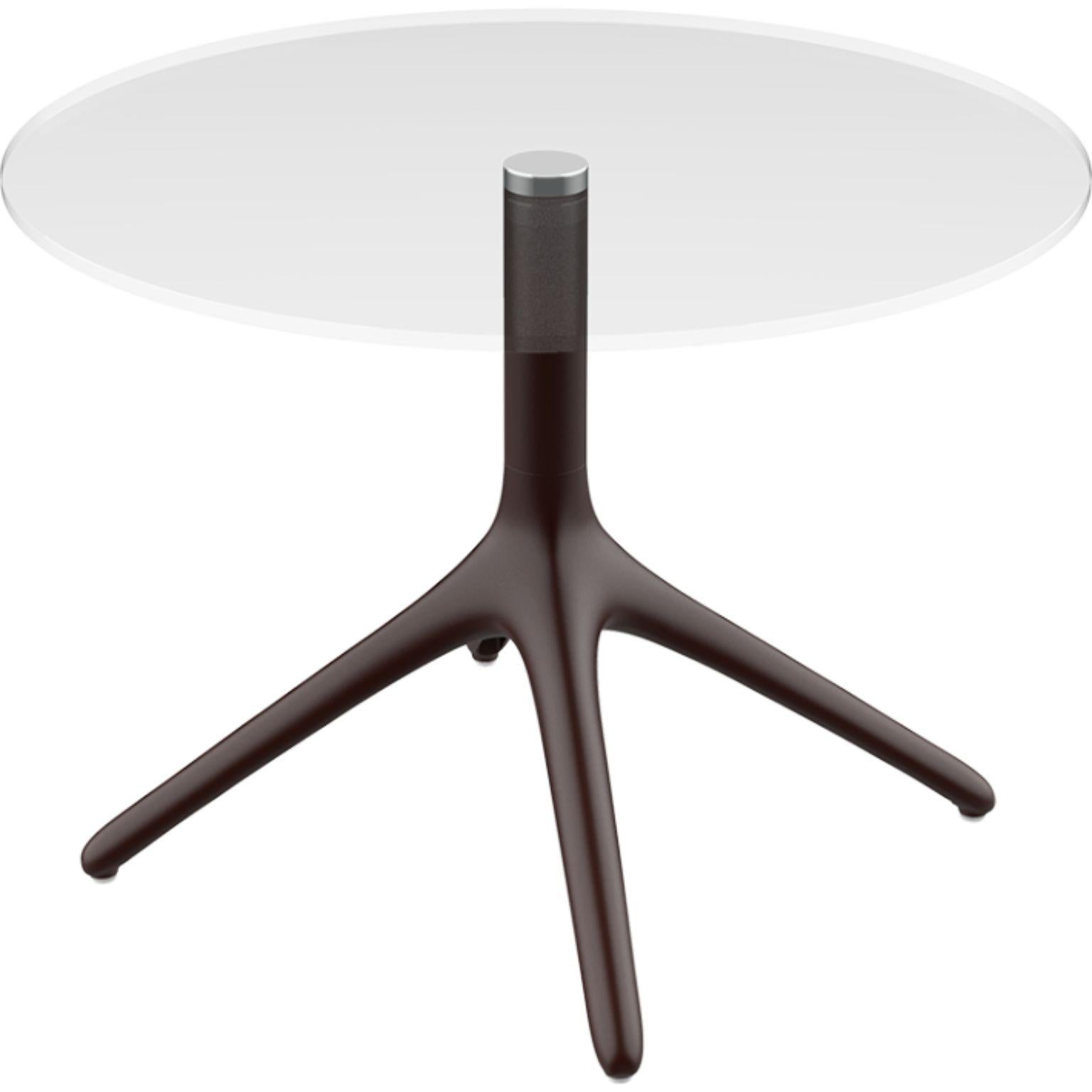 Uni chocolate table 50 by Mowee.
Dimensions: D45.5 x H50 cm.
Material: Aluminium, tempered glass.
Weight: 5 kg
Also Available in different colours and finishes. Collapsable version available. 

A table designed to be as versatile as possible