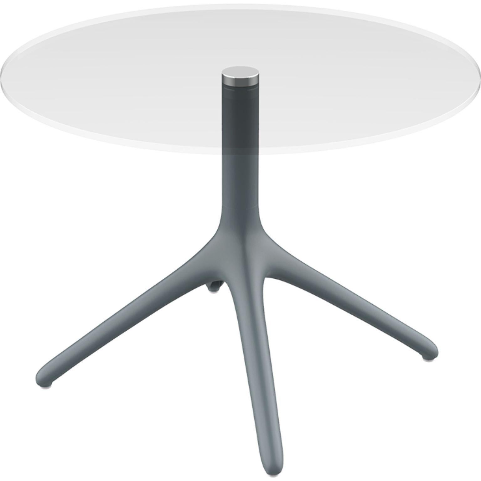 Uni grey table 50 by Mowee.
Dimensions: D45.5 x H50 cm.
Material: Aluminium, tempered glass.
Weight: 5 kg
Also Available in different colours and finishes. Collapsable version available. 

A table designed to be as versatile as possible and