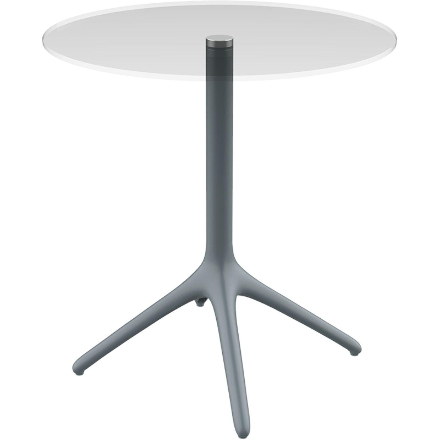 Uni grey table 73 by Mowee.
Dimensions: D45.5 x H73 cm.
Material: Aluminium, tempered glas
Weight: 5.5 kg
Also Available in different colours and finishes. Collapsable version available. 

A table designed to be as versatile as possible and