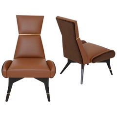 Uni, Leather and Velvet Armchair with Gilt Details on the Backrest and Legs