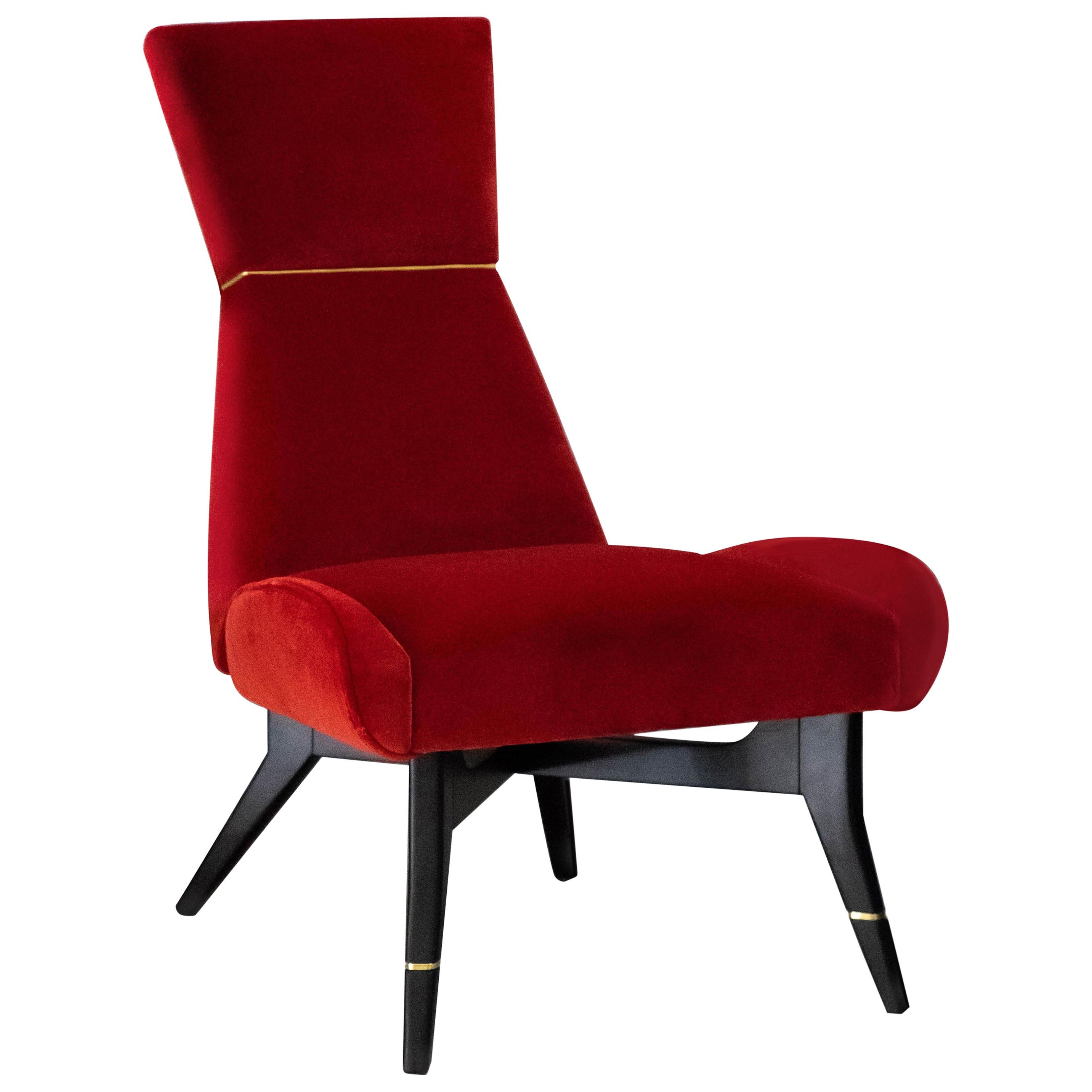 Uni, Red Armchair with Gilt Details on the Backrest and Legs For Sale