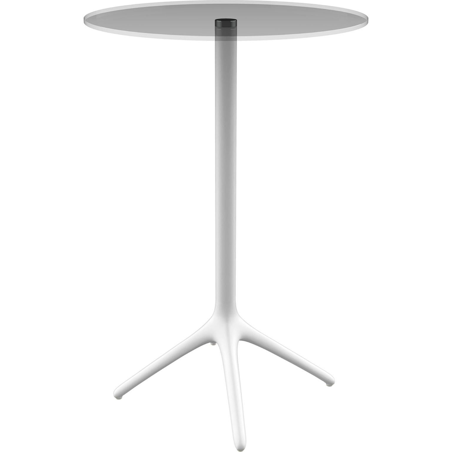 Uni white table 105 by Mowee.
Dimensions: D45.5 x H105 cm.
Material: Aluminium, tempered glass.
Weight: 6.2 kg.
Also Available in different colours and finishes. Collapsable version available. 

A table designed to be as versatile as possible