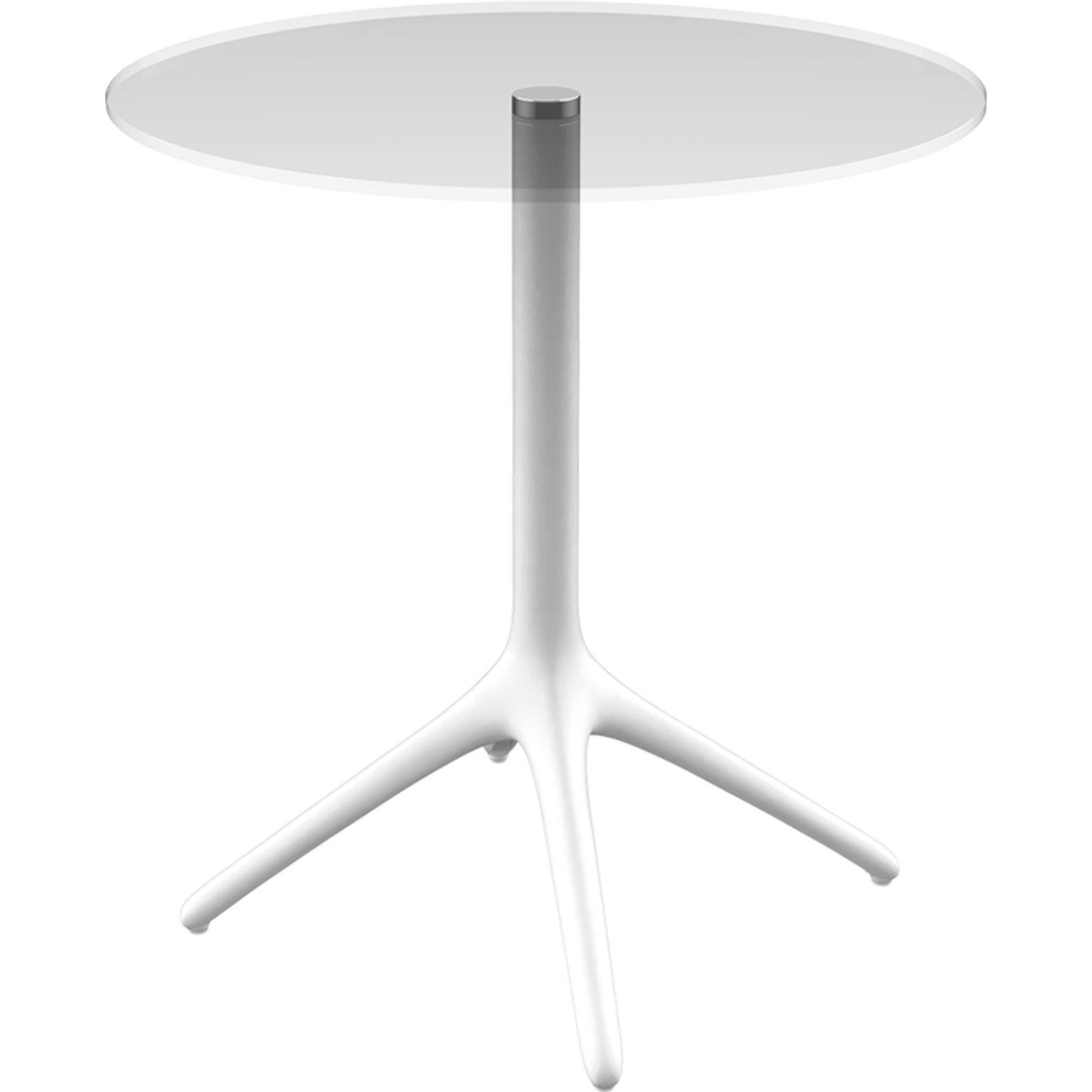 Uni white table 73 by Mowee.
Dimensions: D45.5 x H73 cm.
Material: Aluminium, tempered glass.
Weight: 5.5 kg.
Also Available in different colours and finishes. Collapsable version available. 

A table designed to be as versatile as possible