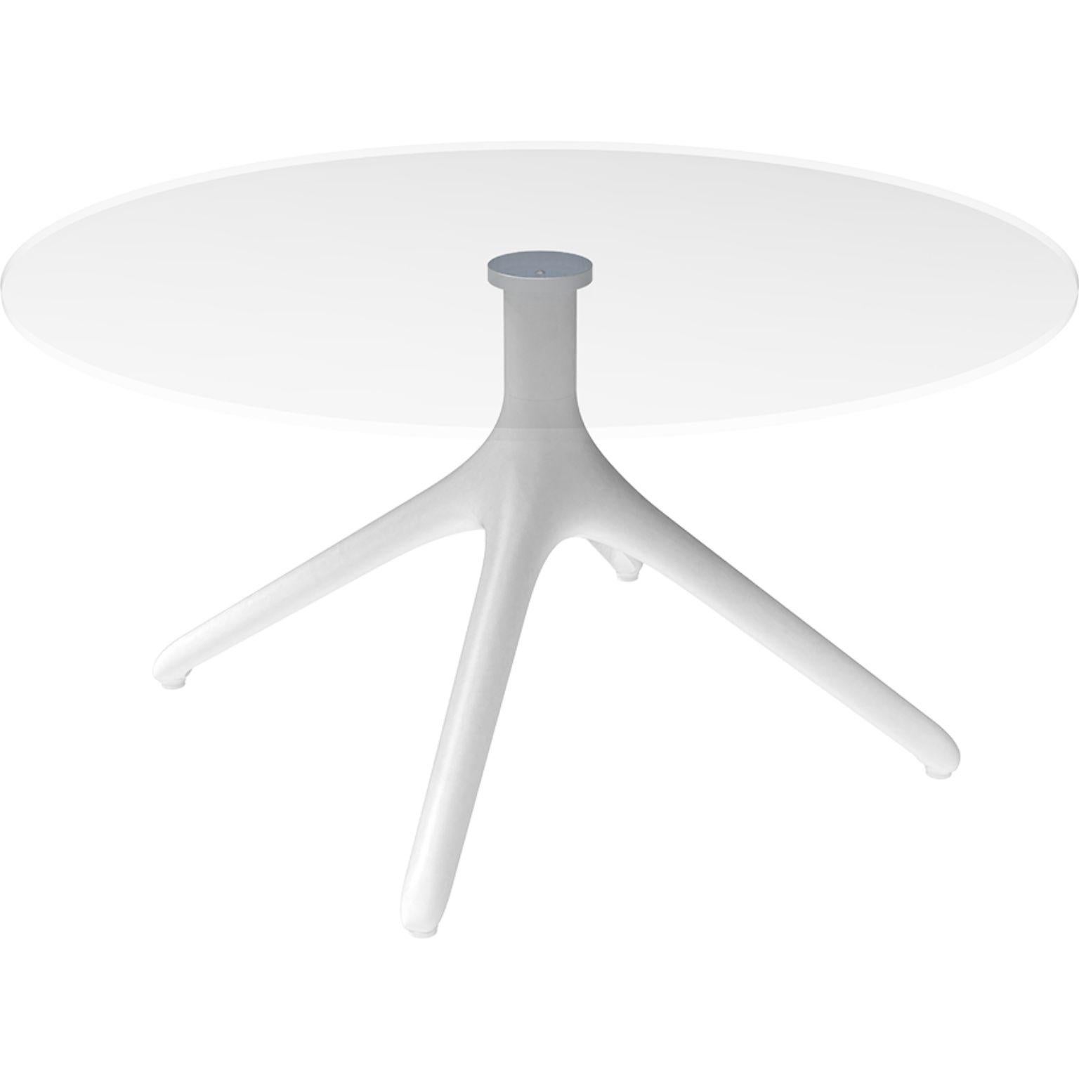 Uni white table XL 50 by Mowee.
Dimensions: D50 x H50 cm.
Material: Aluminium, tempered glass.
Weight: 8.8 kg.
Also Available in different colours and finishes. 

A table designed to be as versatile as possible and can coexist with a variety