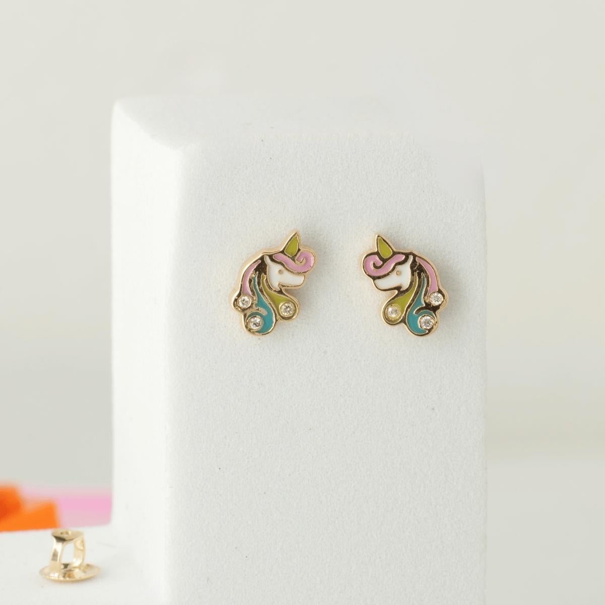 Art Deco Unicorn Colorful Enamel Diamond Kids Stud Earrings in 14k Solid Gold (Certified) For Sale