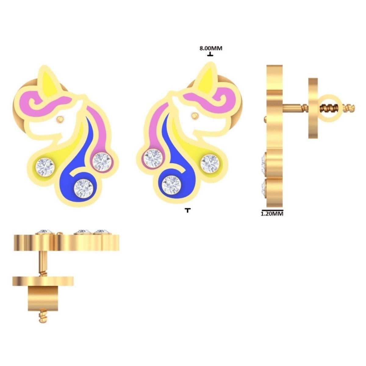 Round Cut Unicorn Colorful Enamel Diamond Kids Stud Earrings in 14k Solid Gold (Certified) For Sale