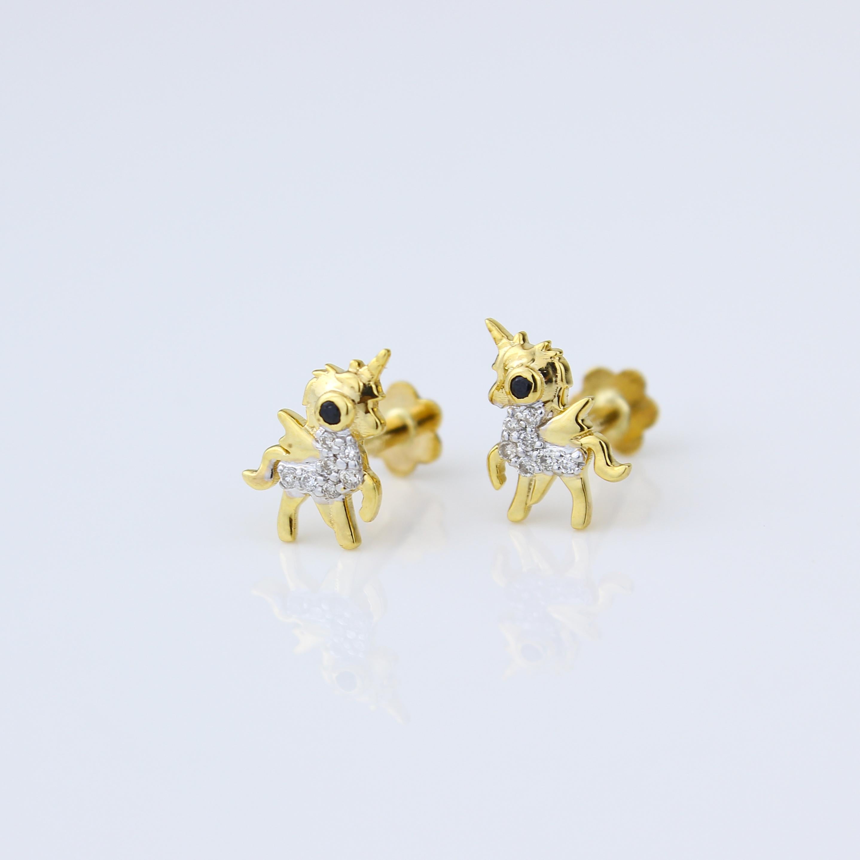 Einhorn-Diamant-Ohrringe für Mädchen (Mädchen) aus 18 Karat massivem Gold (Art déco) im Angebot