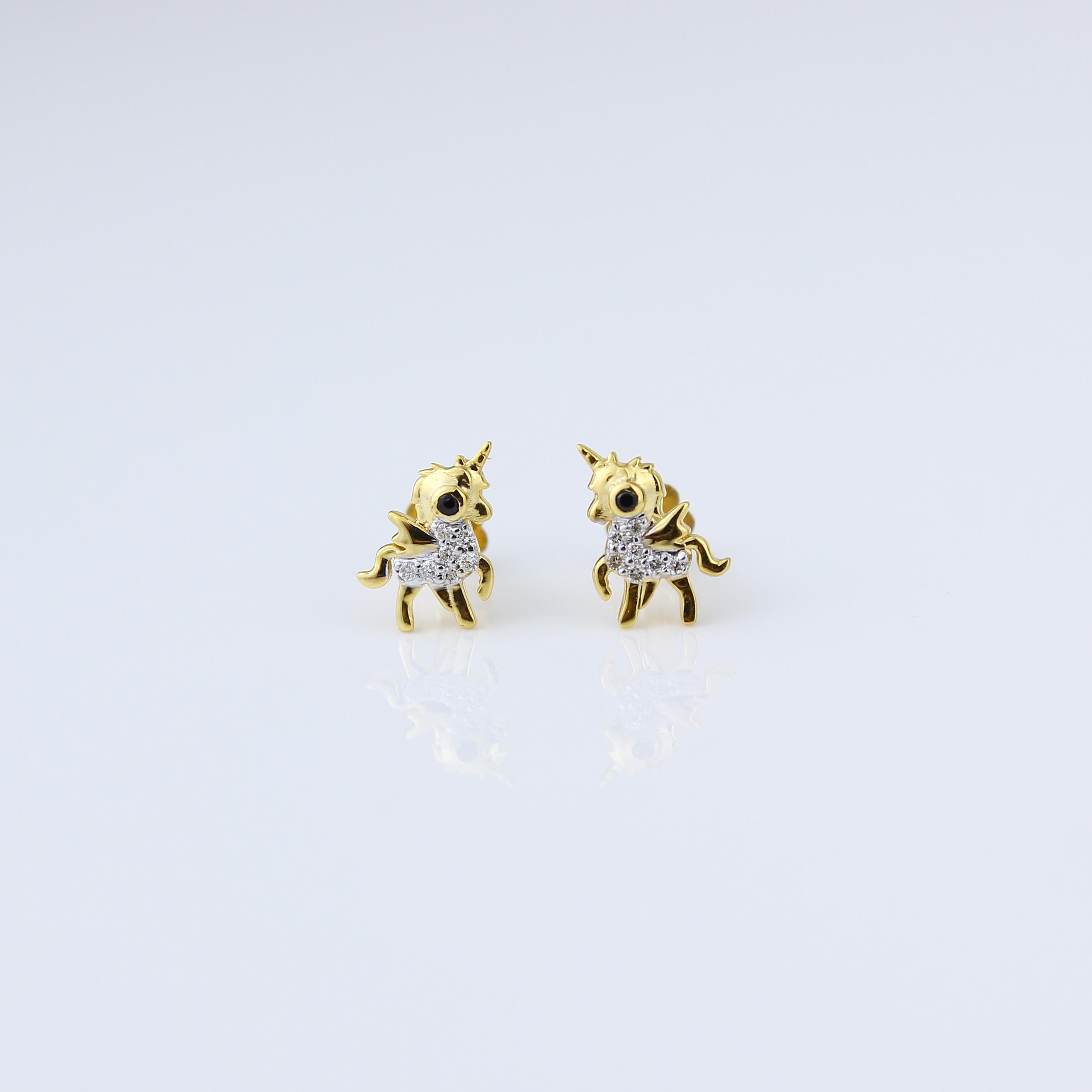 Einhorn-Diamant-Ohrringe für Mädchen (Mädchen) aus 18 Karat massivem Gold (Rundschliff) im Angebot