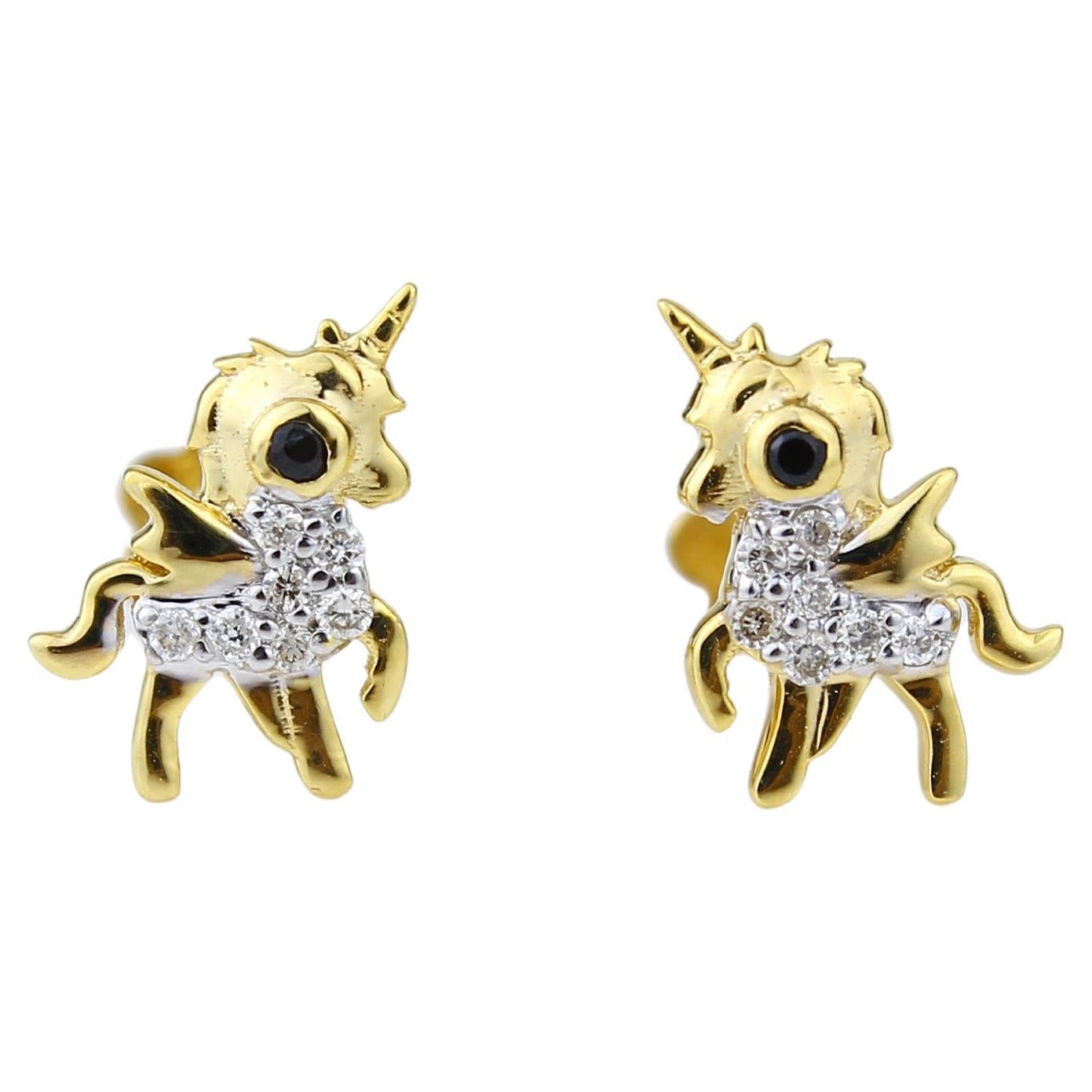Unicorn Diamond Earrings for Girls (Kids) in 18K Solid Gold For Sale