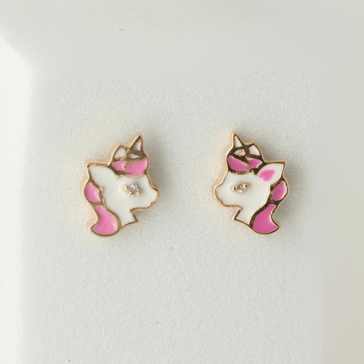 Art Deco Unicorn Diamond Stud Earrings in 14k Solid Gold (Certified) For Sale