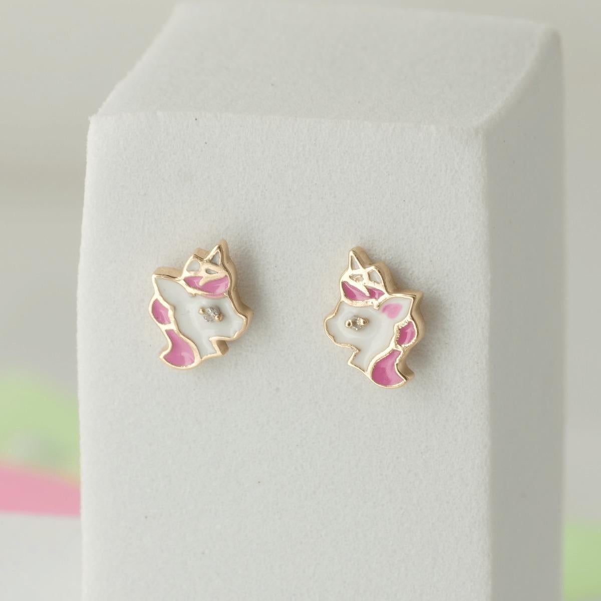 Round Cut Unicorn Diamond Stud Earrings in 14k Solid Gold (Certified) For Sale