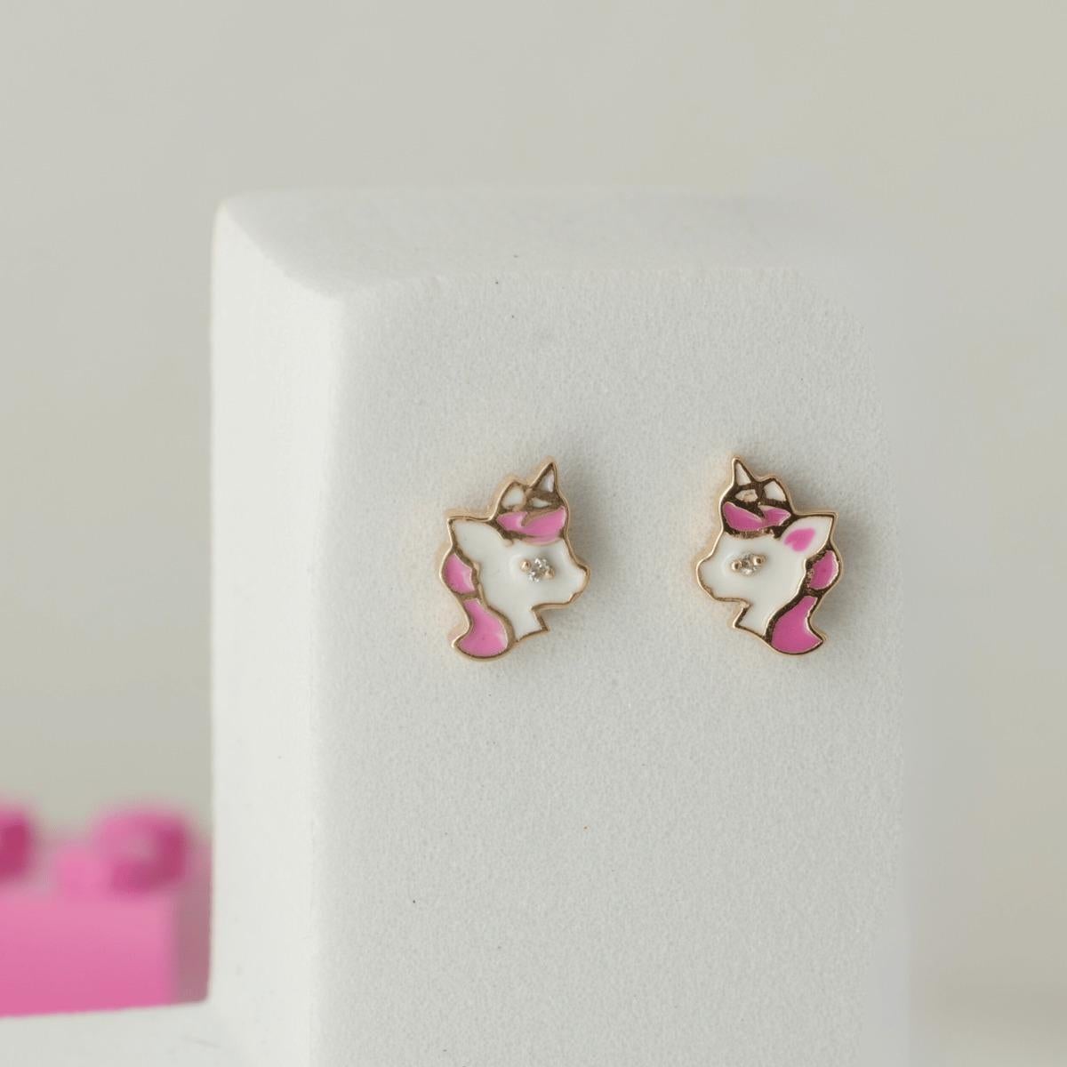Women's Unicorn Diamond Stud Earrings in 14k Solid Gold (Certified) For Sale