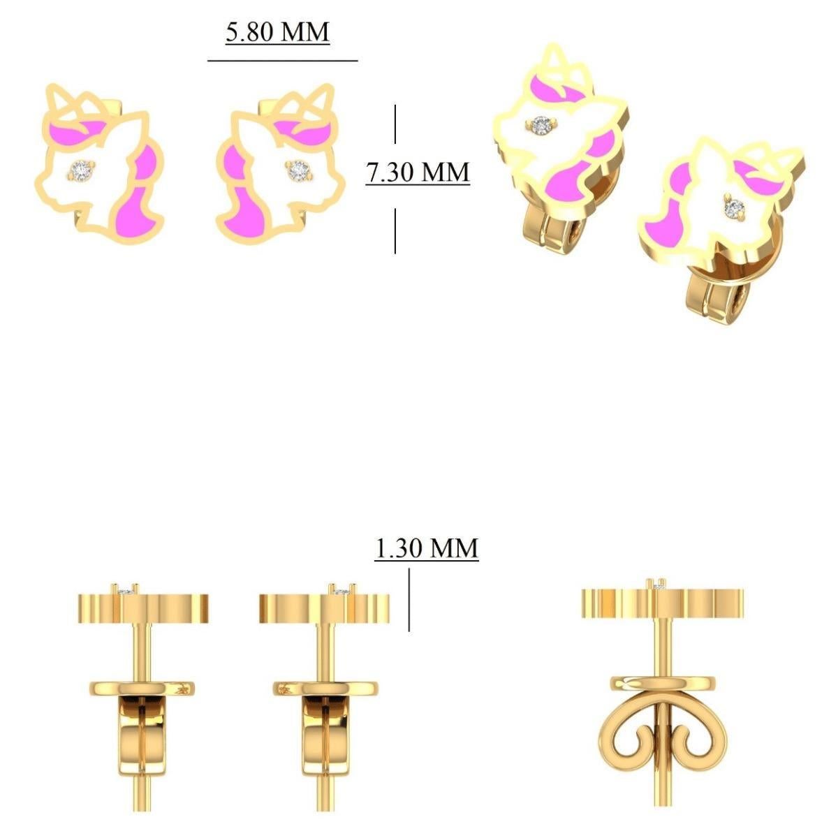 Unicorn Diamond Stud Earrings in 14k Solid Gold (Certified) For Sale 2