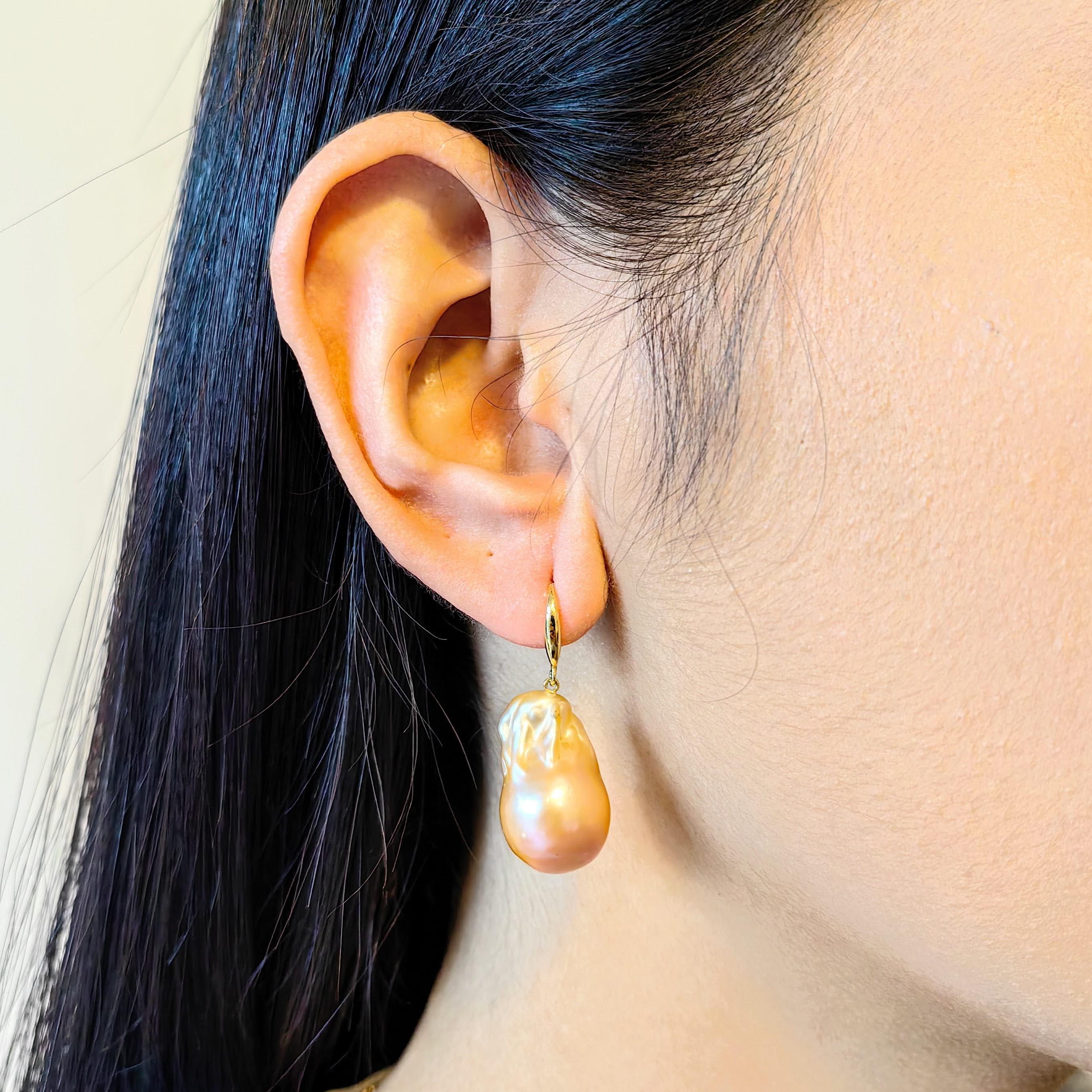 Unicorn Hue Baroque Pearl Drop Earrings With Thick 18K Yellow Gold French Hooks For Sale 4
