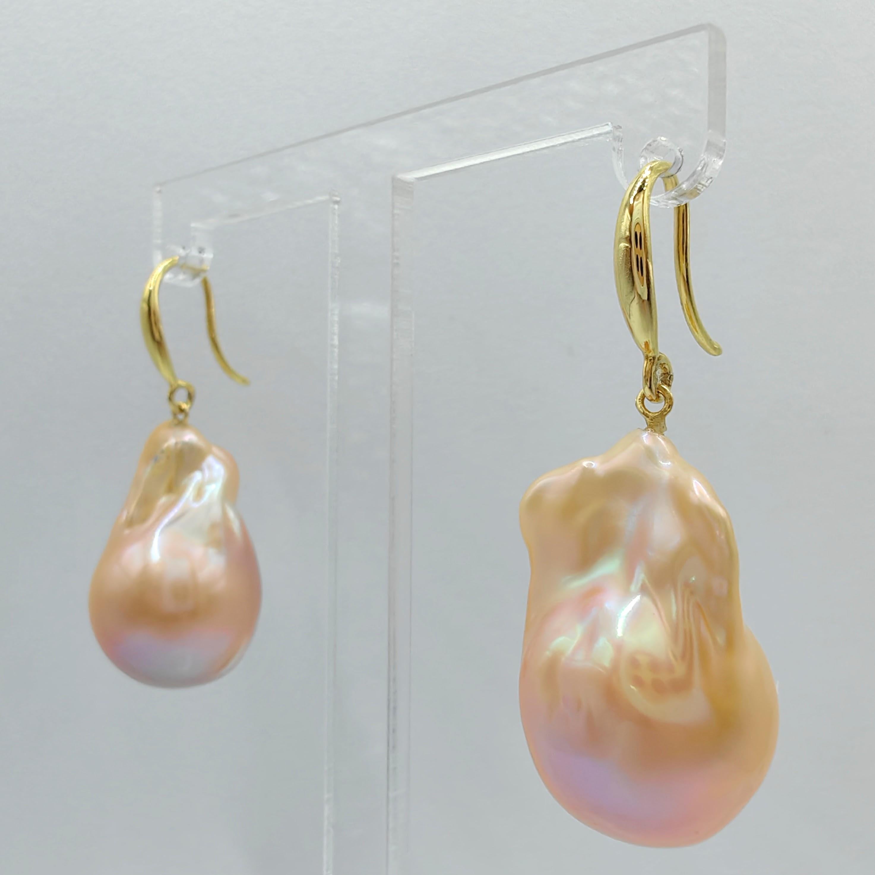 Contemporary Unicorn Hue Baroque Pearl Drop Earrings With Thick 18K Yellow Gold French Hooks For Sale