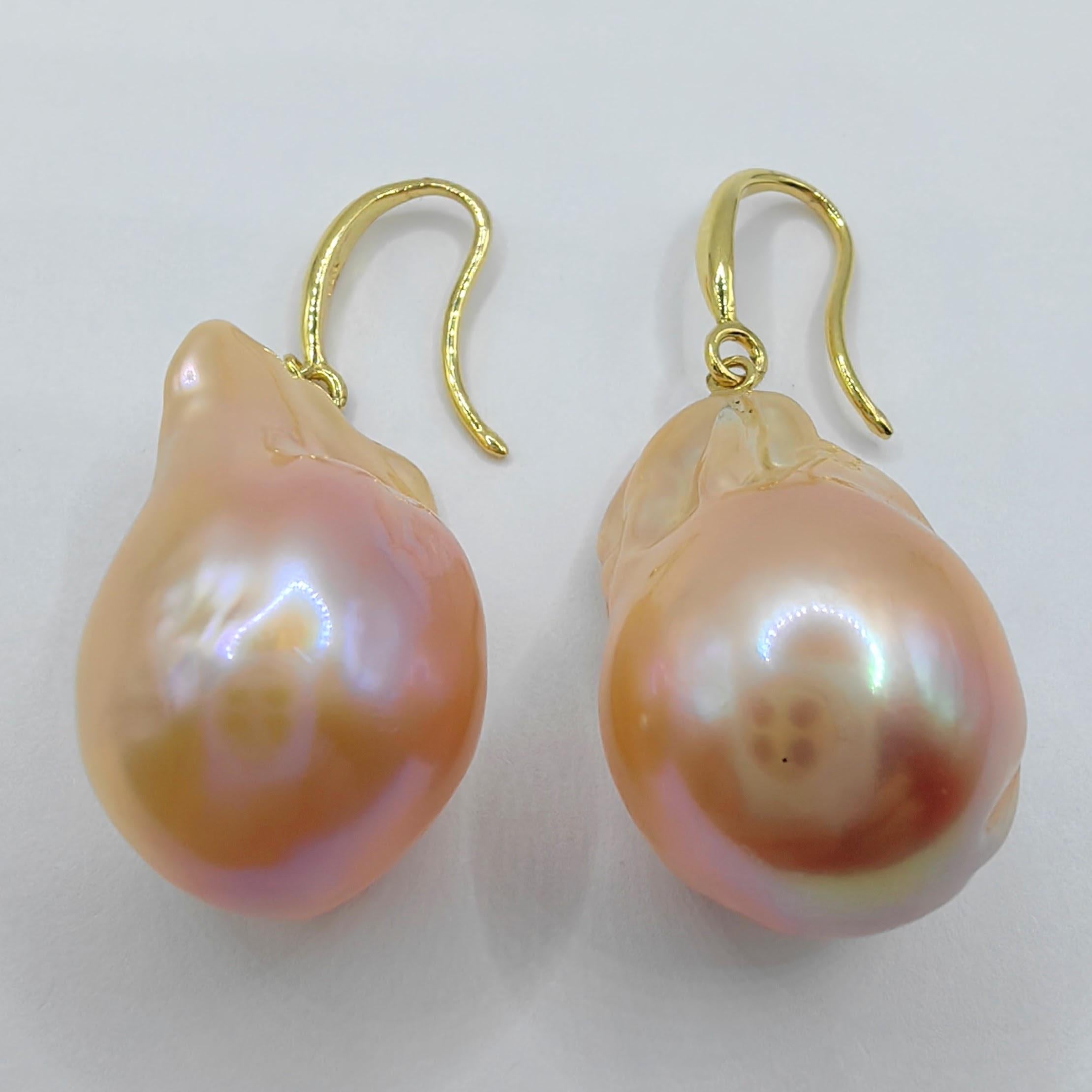 Women's Unicorn Hue Baroque Pearl Drop Earrings With Thick 18K Yellow Gold French Hooks For Sale