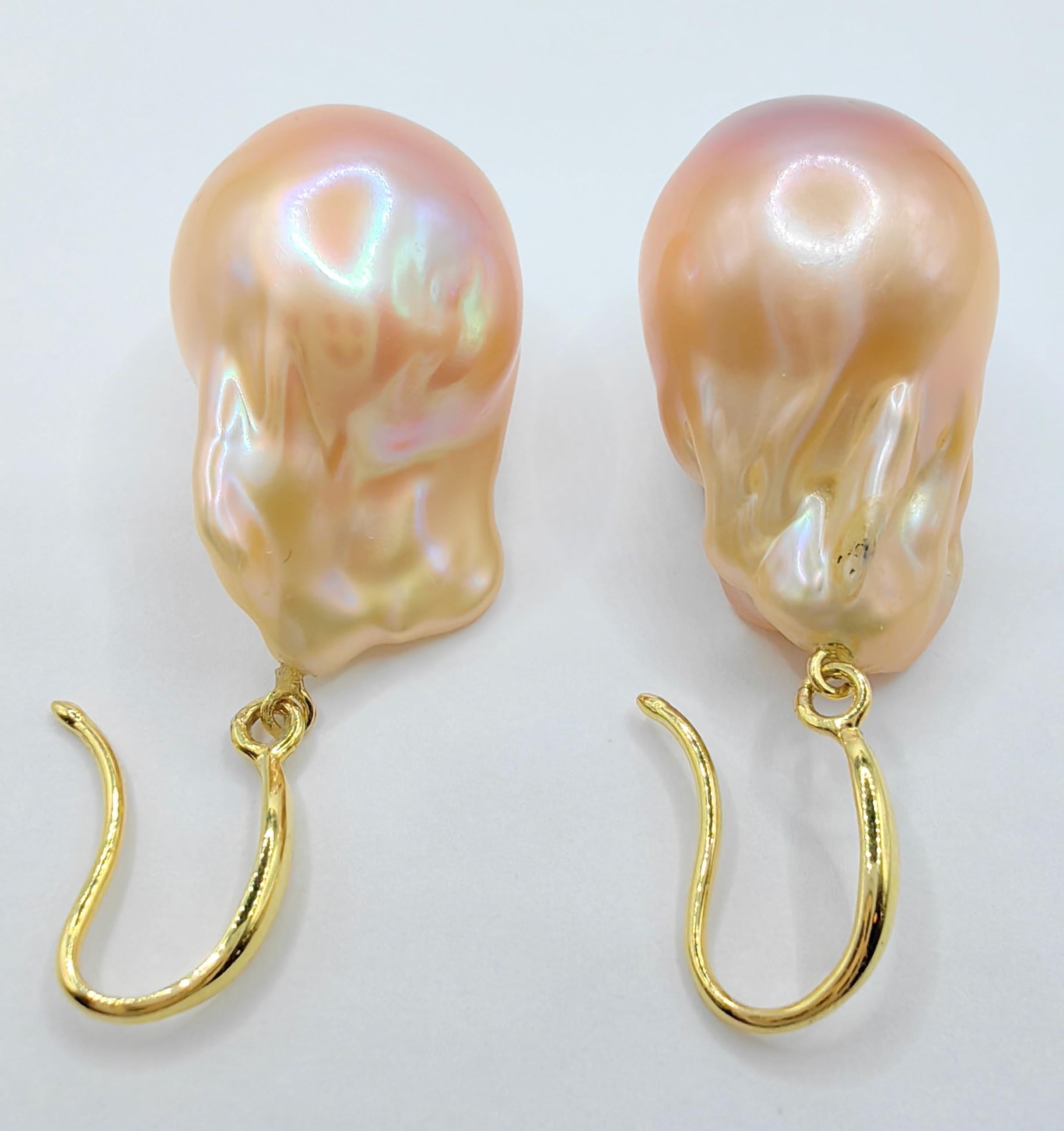 Unicorn Hue Baroque Pearl Drop Earrings With Thick 18K Yellow Gold French Hooks For Sale 1
