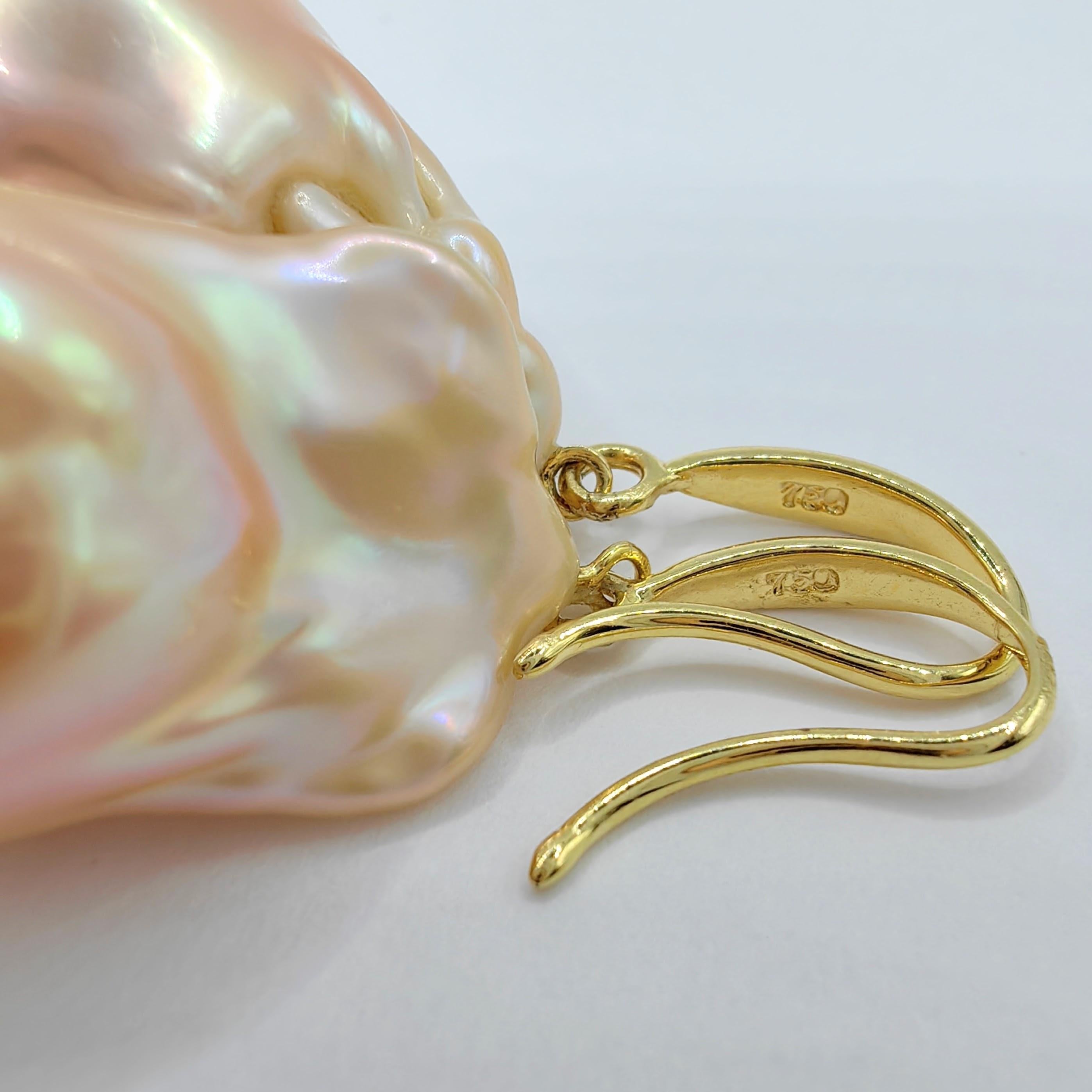 Unicorn Hue Baroque Pearl Drop Earrings With Thick 18K Yellow Gold French Hooks For Sale 2