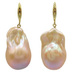 Pendientes de Gota de Perla Barroca Tono Unicornio Con Ganchos Franceses Gruesos de Oro Amarillo de 18 K