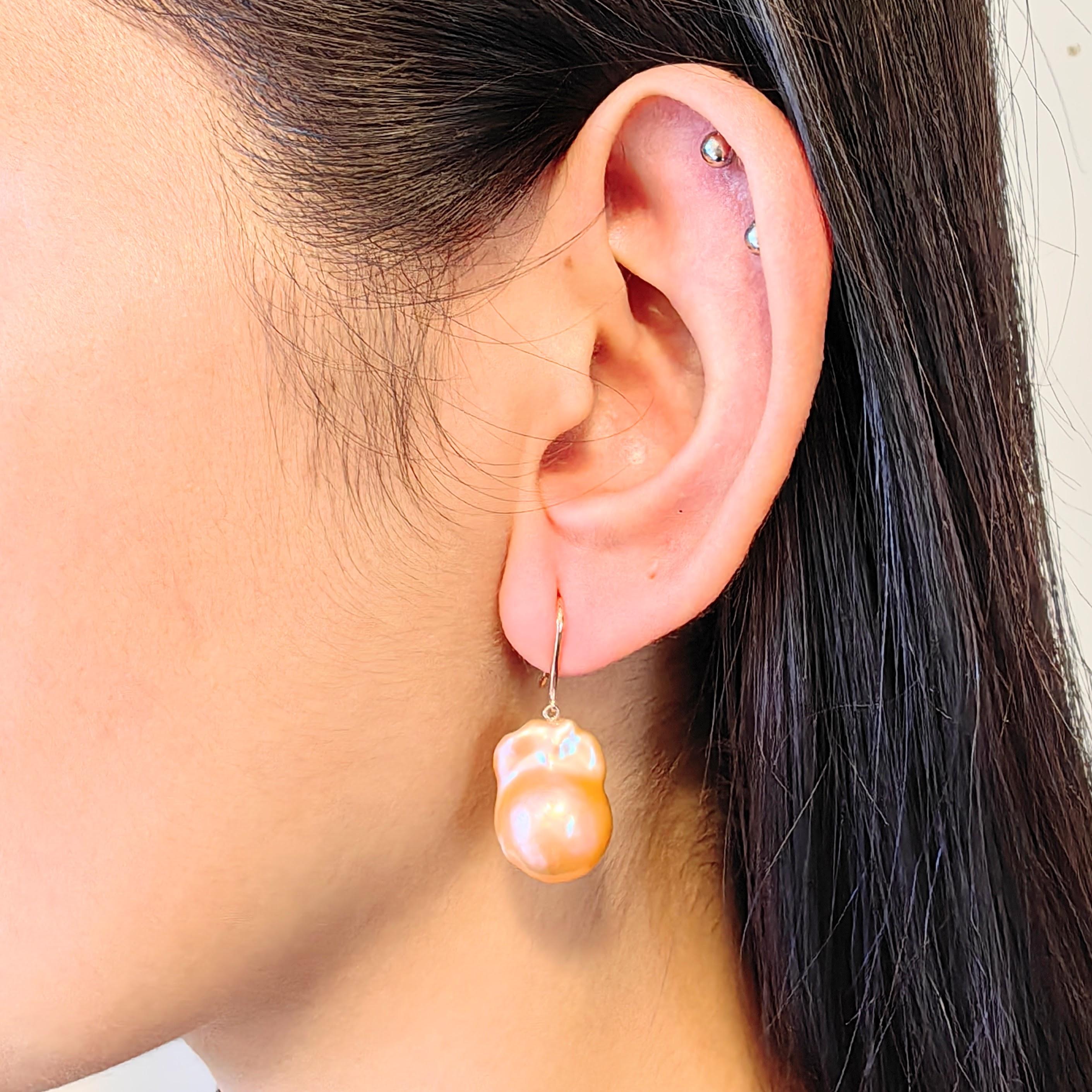 Unicorn Hue Golden Baroque Pearl Drop Earrings With 18K Rose Gold French Hooks For Sale 4