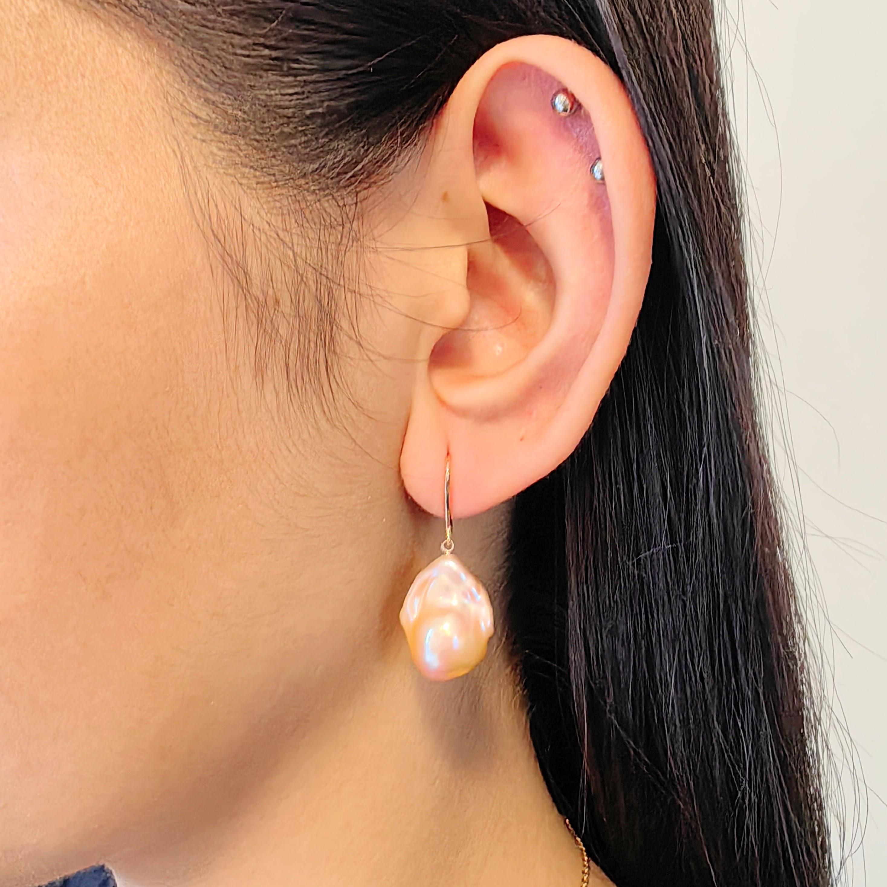 Unicorn Hue Golden Baroque Pearl Drop Earrings With 18K Rose Gold French Hooks For Sale 5