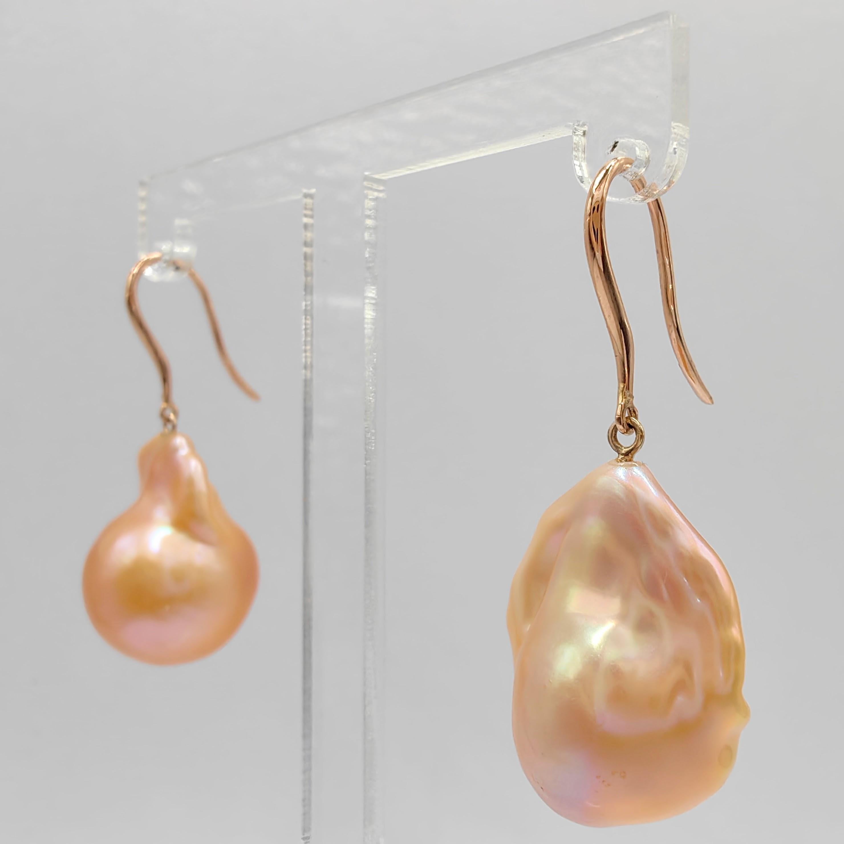 Contemporary Unicorn Hue Golden Baroque Pearl Drop Earrings With 18K Rose Gold French Hooks For Sale